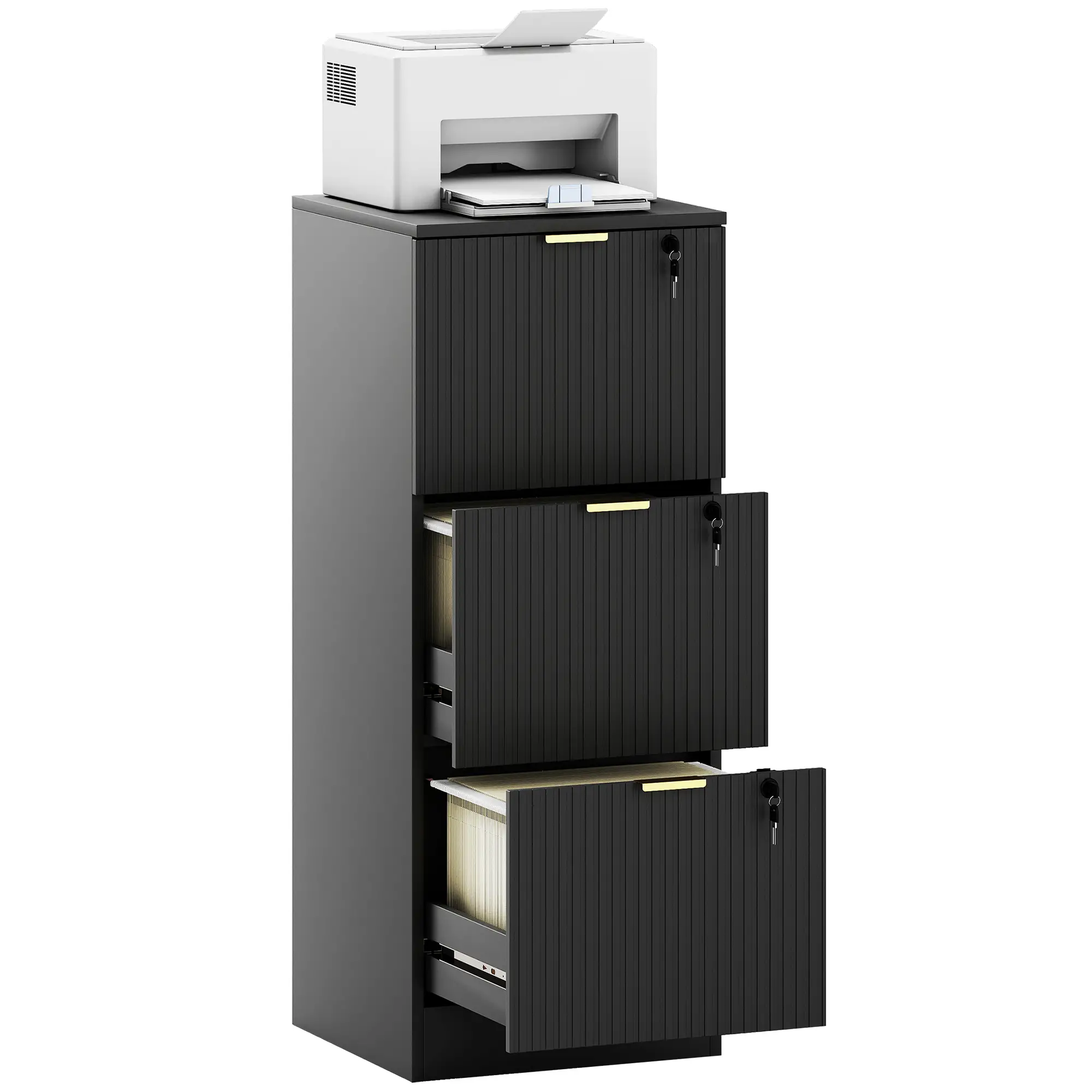 Lockable Filing Cabinet, 3 Fluted Drawers, Adjustable Hanging Rails, Black - Image 11