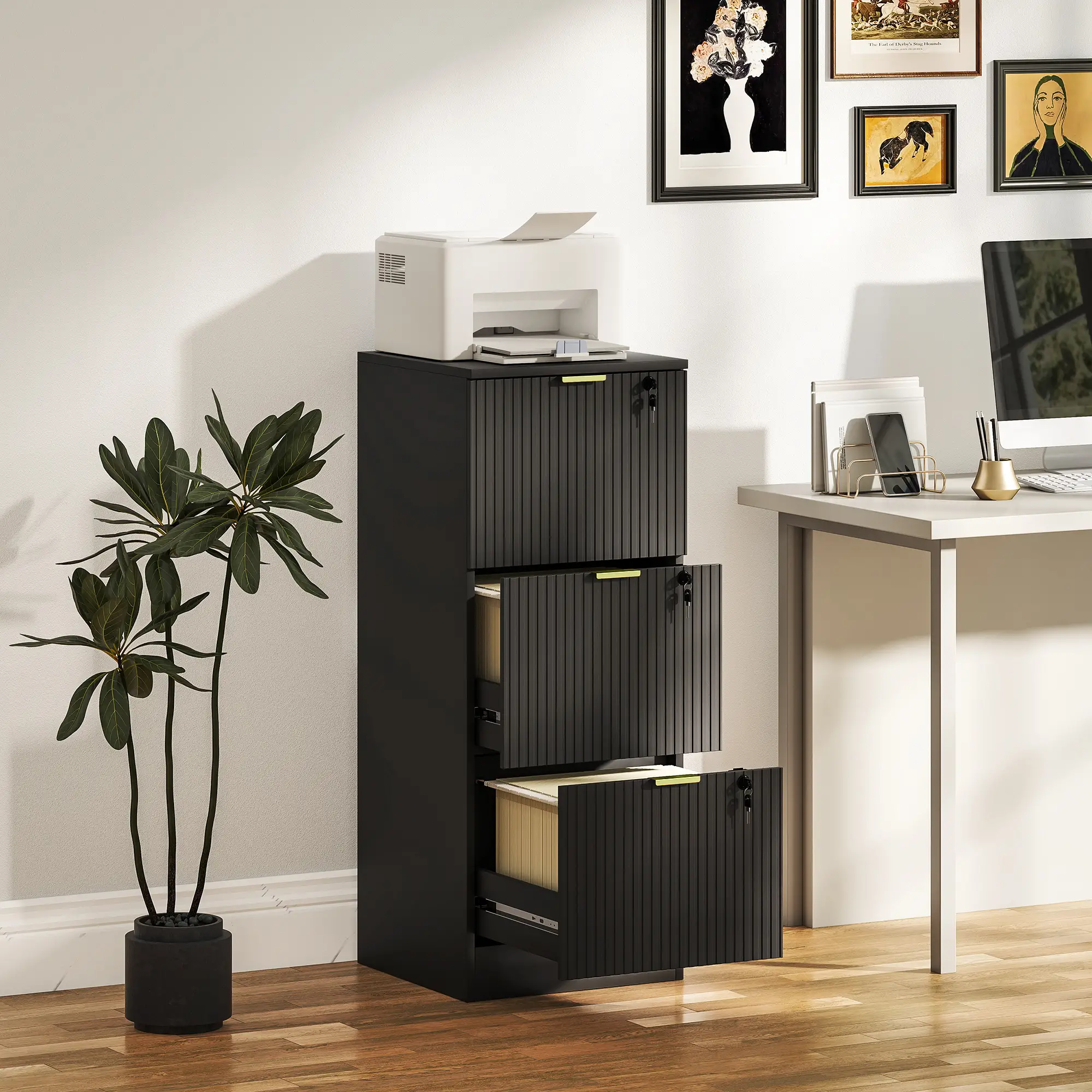 Lockable Filing Cabinet, 3 Fluted Drawers, Adjustable Hanging Rails, Black - Image 2