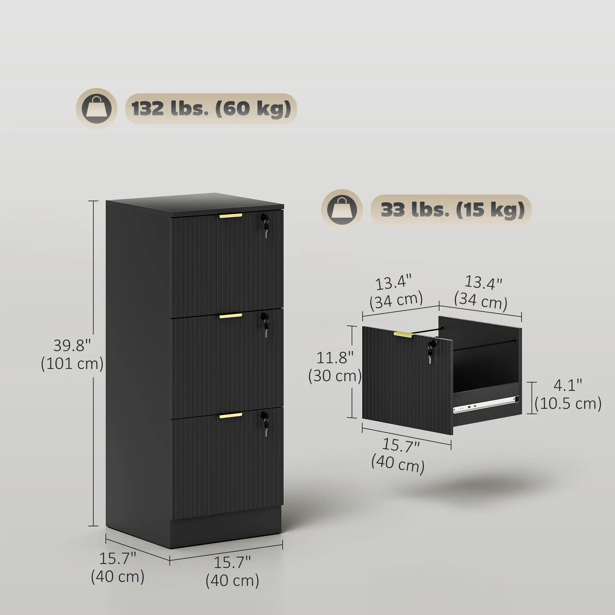 Lockable Filing Cabinet, 3 Fluted Drawers, Adjustable Hanging Rails, Black - Image 3