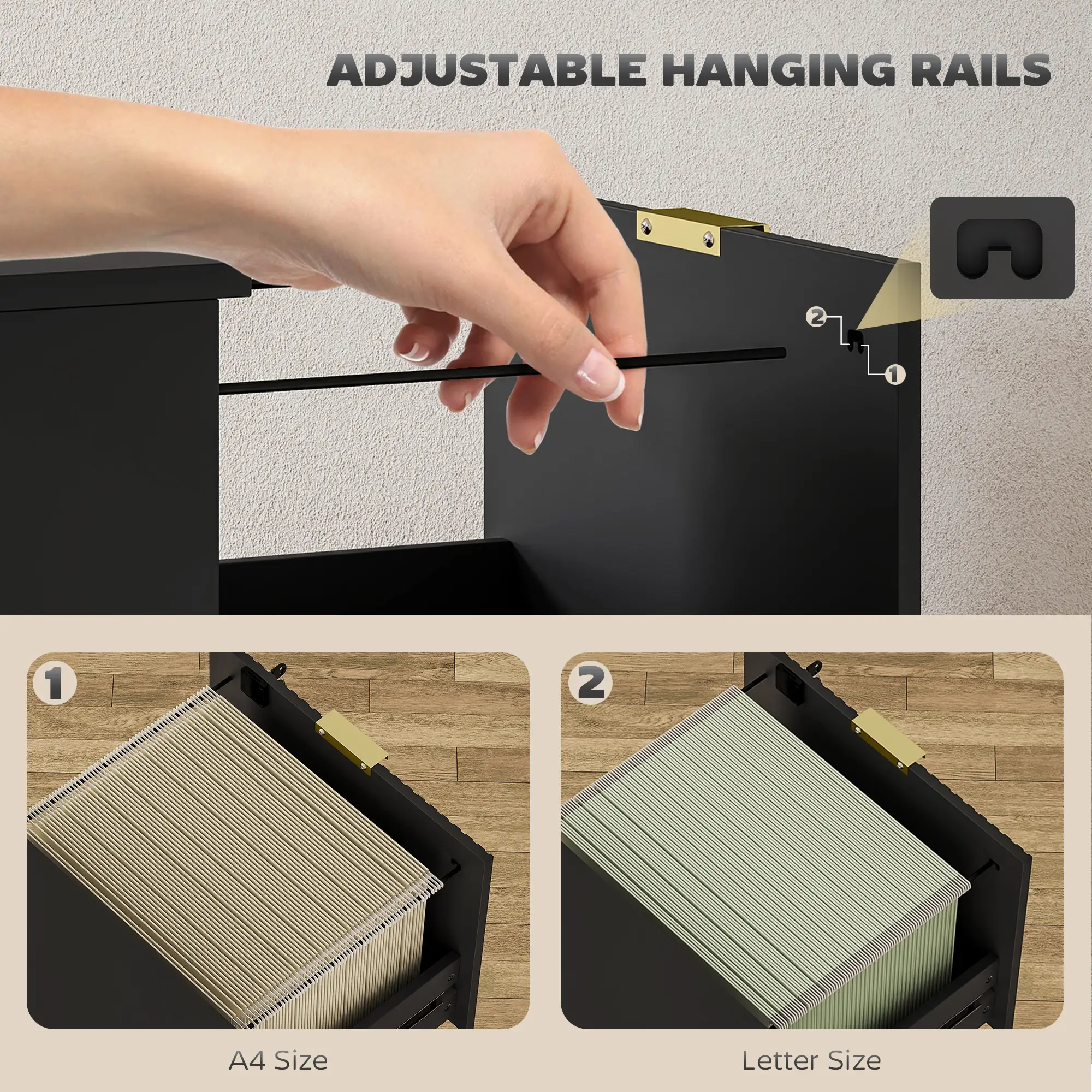 Lockable Filing Cabinet, 3 Fluted Drawers, Adjustable Hanging Rails, Black - Image 4