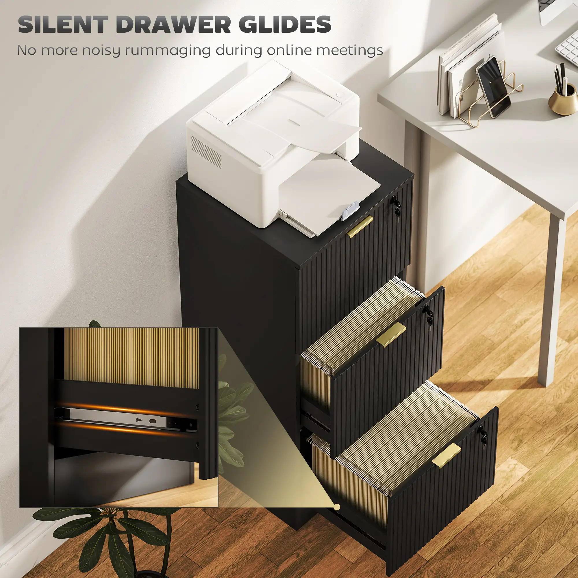 Lockable Filing Cabinet, 3 Fluted Drawers, Adjustable Hanging Rails, Black - Image 5