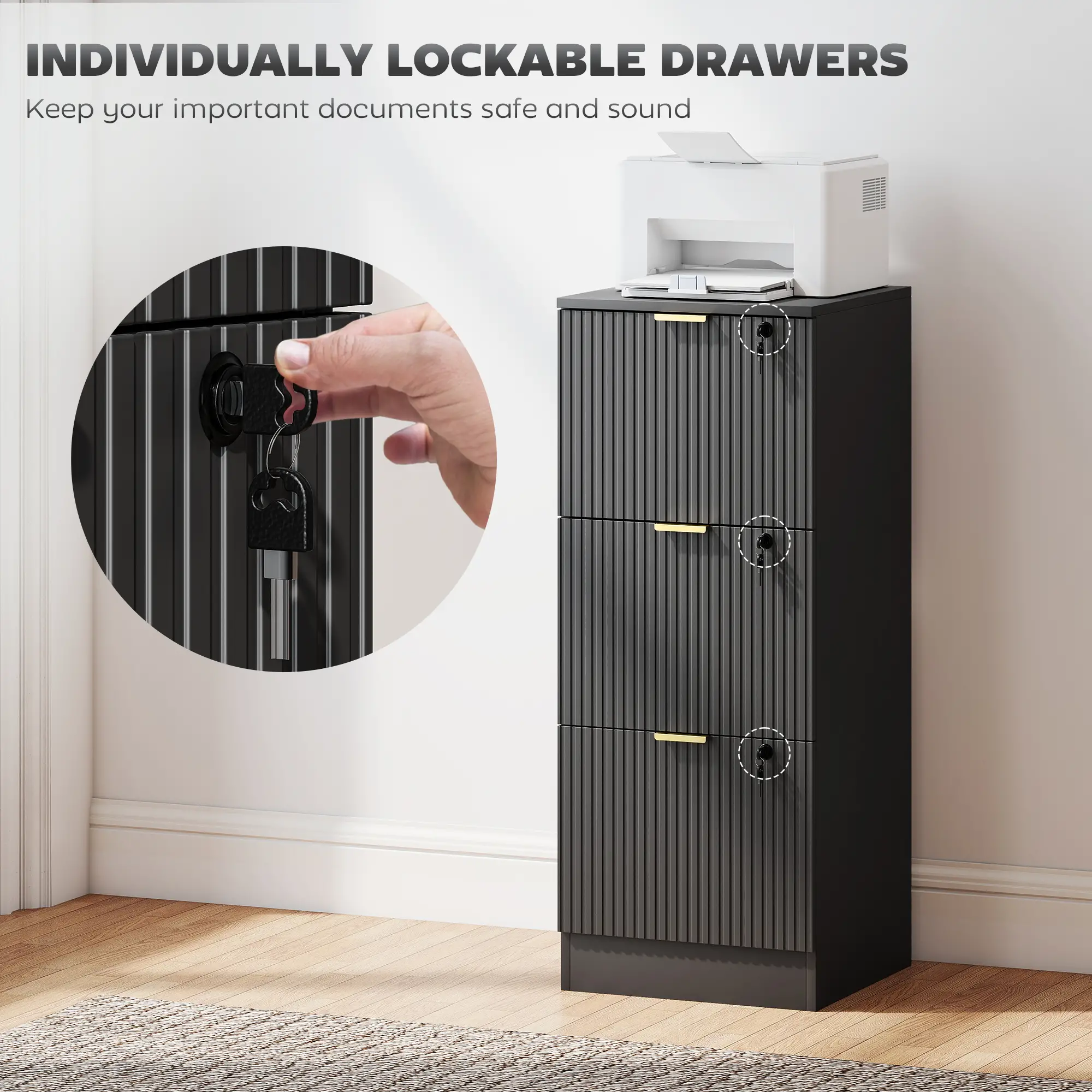 Lockable Filing Cabinet, 3 Fluted Drawers, Adjustable Hanging Rails, Black - Image 6