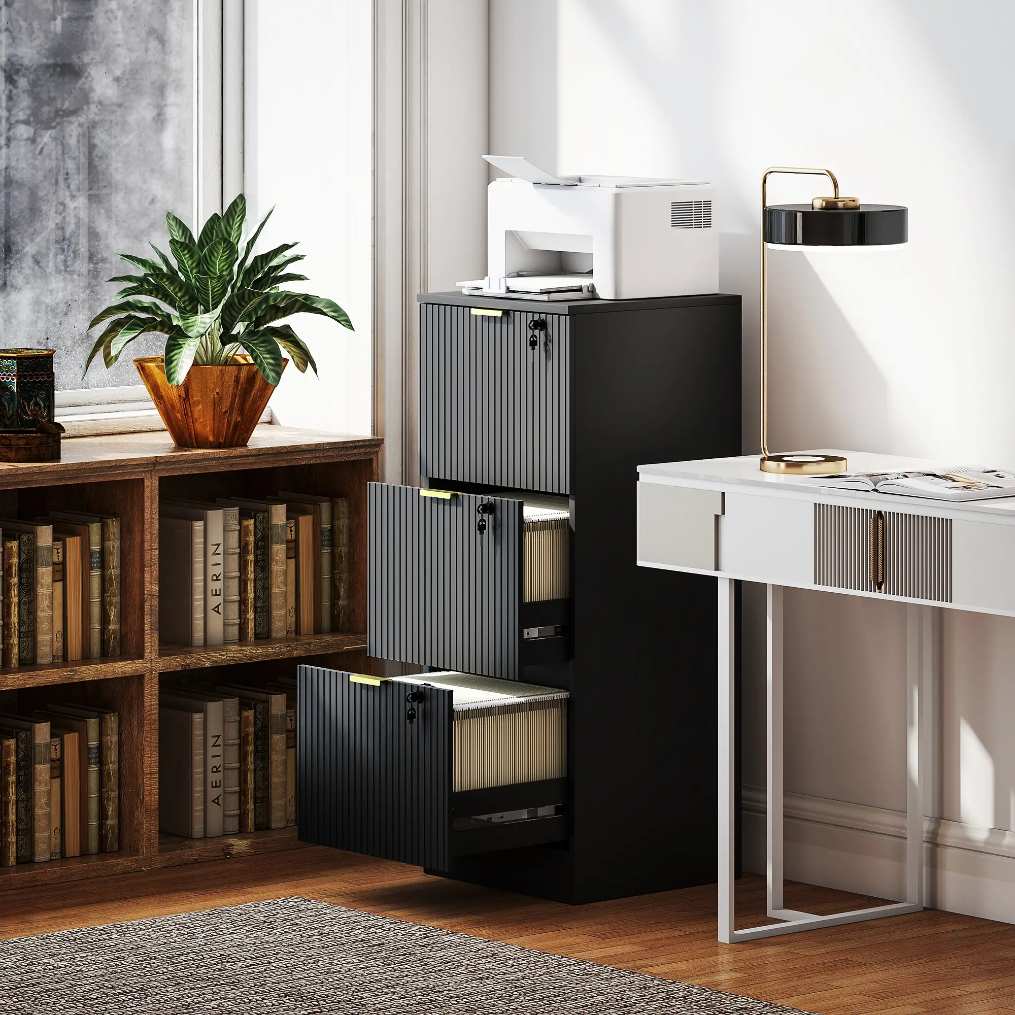 Lockable Filing Cabinet, 3 Fluted Drawers, Adjustable Hanging Rails, Black - Image 8