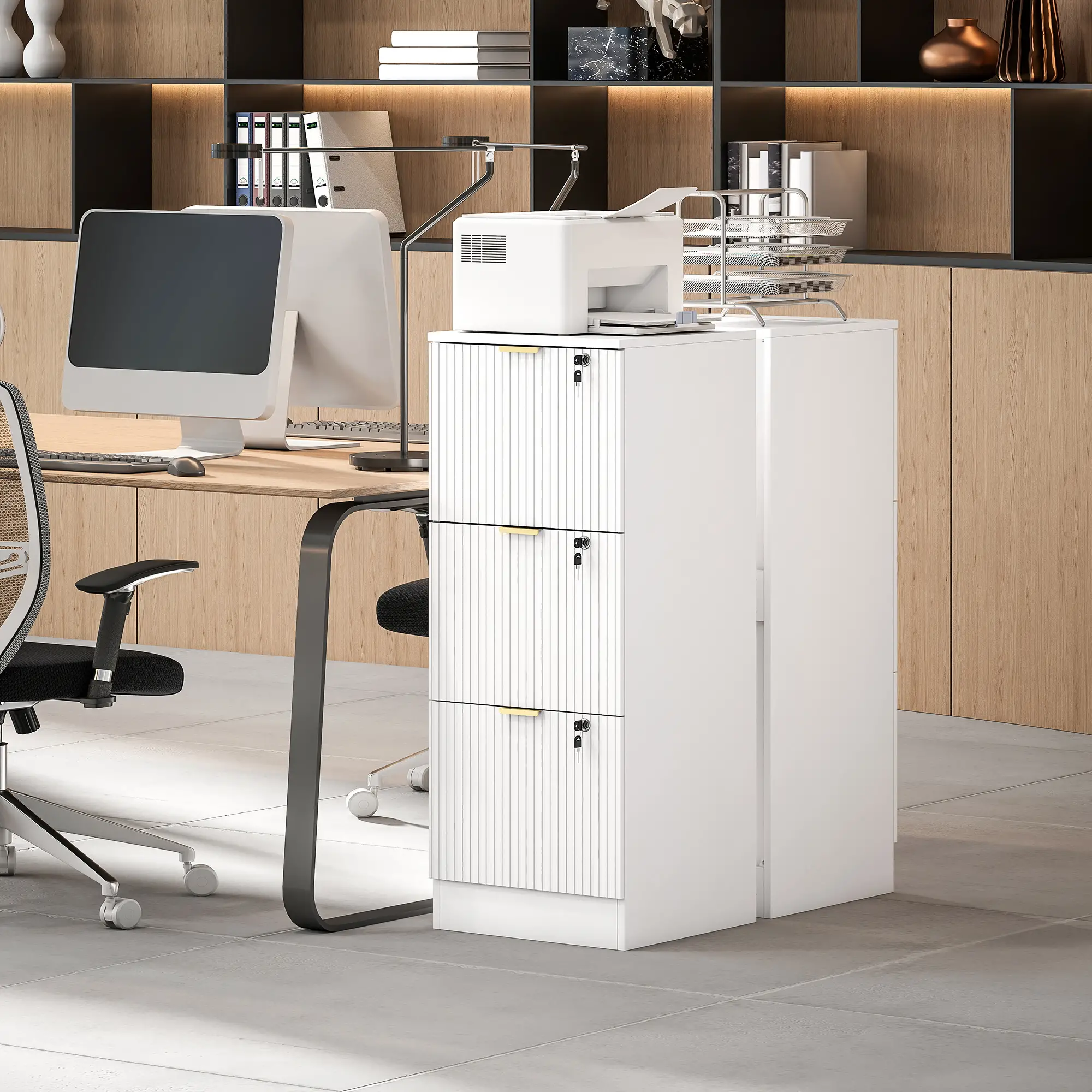 Lockable Filing Cabinet, 3 Fluted Drawers, Adjustable Hanging Rails, White - Image 10