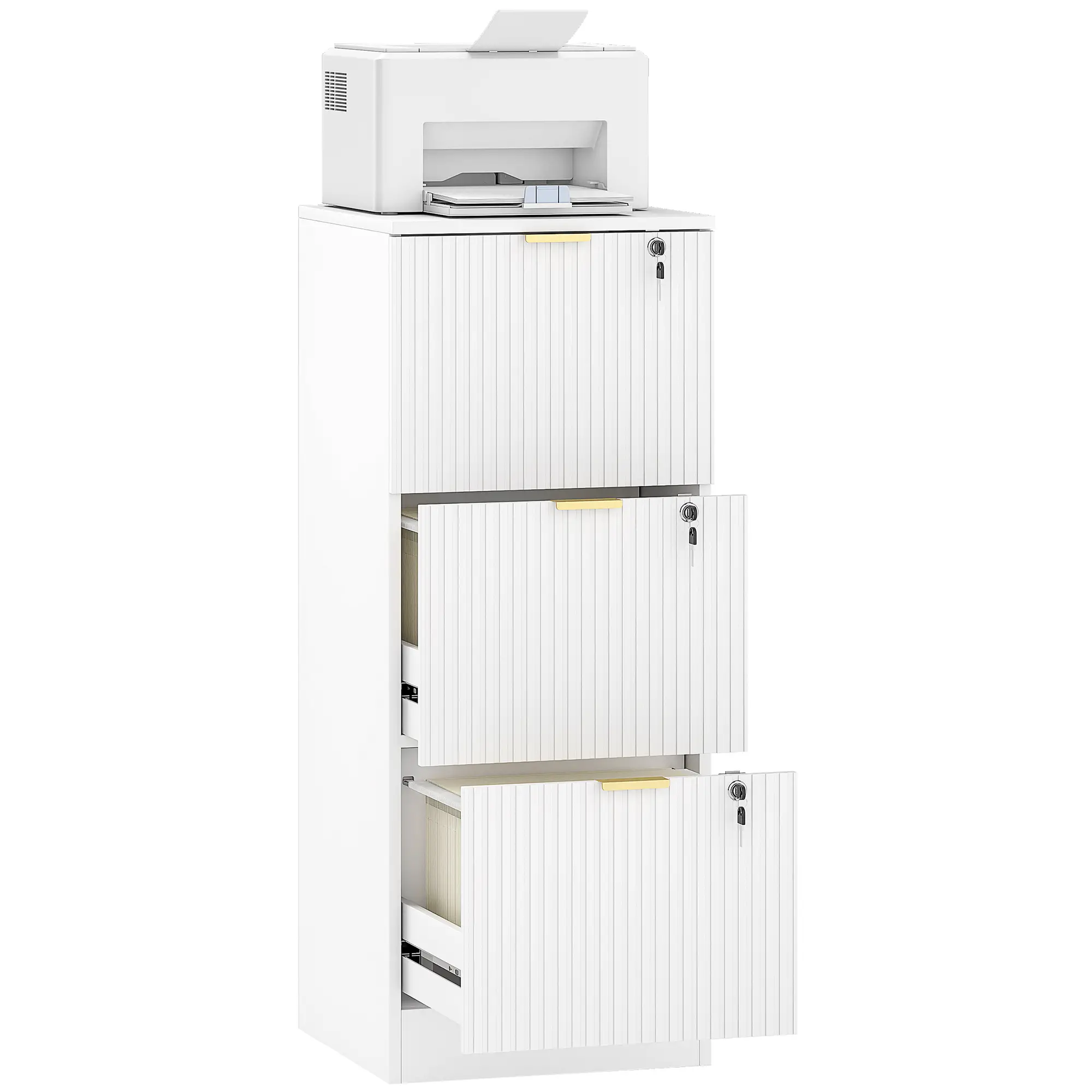 Lockable Filing Cabinet, 3 Fluted Drawers, Adjustable Hanging Rails, White - Image 11