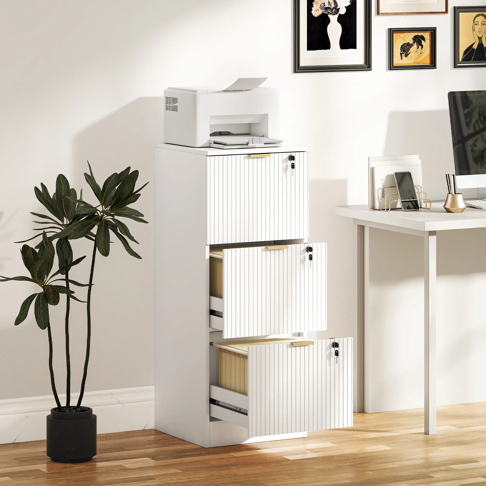 Lockable Filing Cabinet, 3 Fluted Drawers, Adjustable Hanging Rails, White - Image 2
