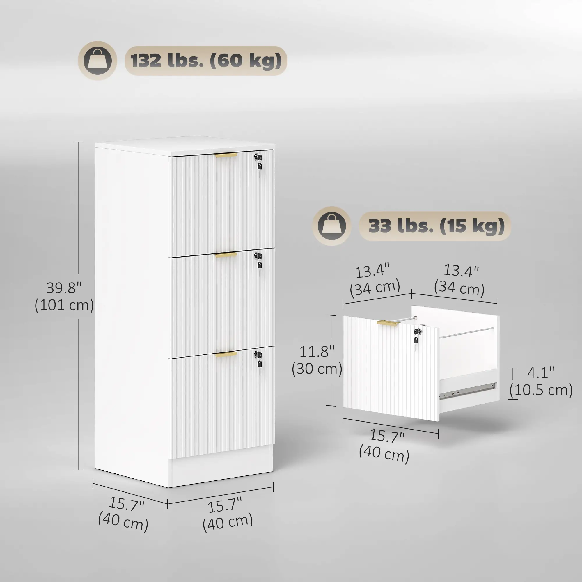 Lockable Filing Cabinet, 3 Fluted Drawers, Adjustable Hanging Rails, White - Image 3