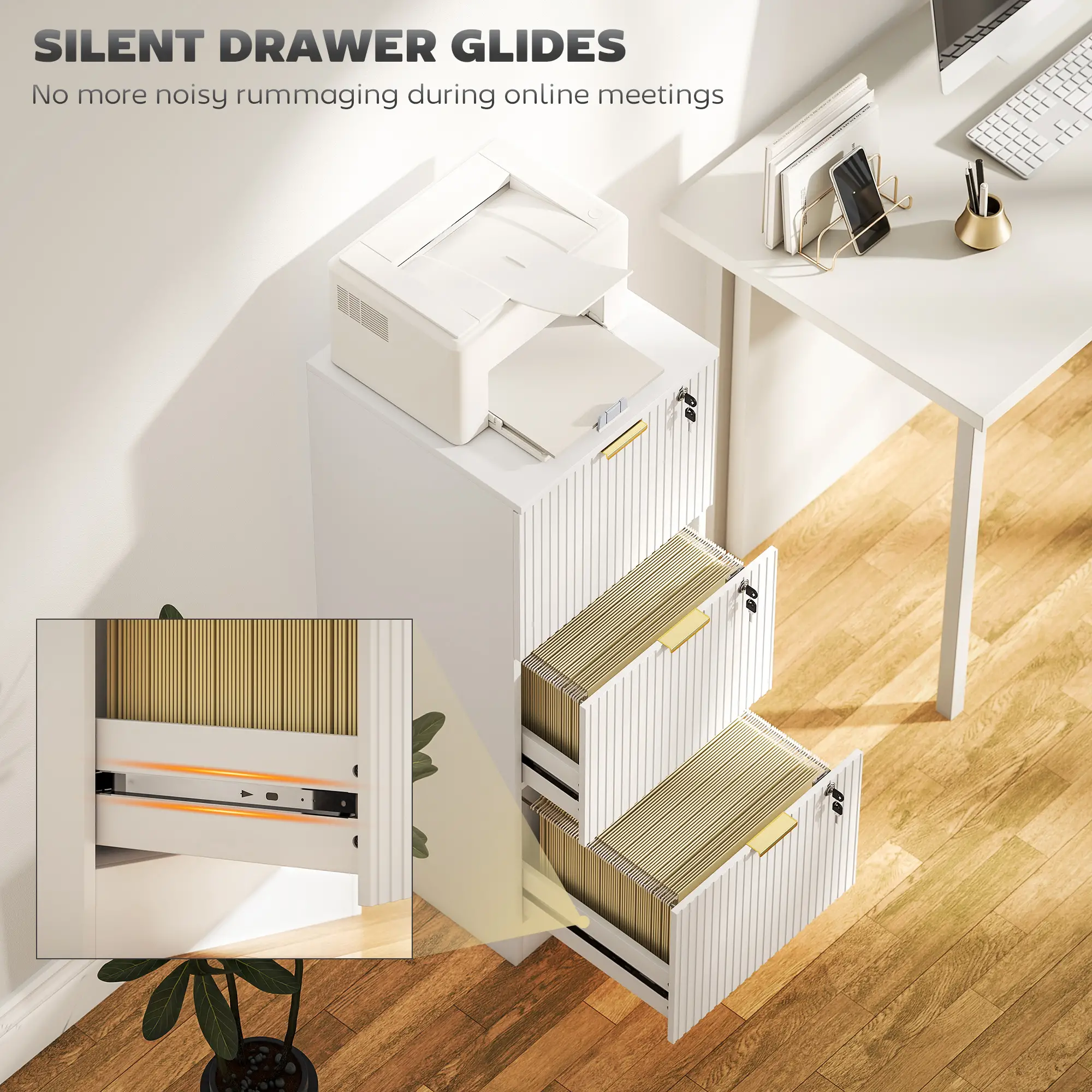 Lockable Filing Cabinet, 3 Fluted Drawers, Adjustable Hanging Rails, White - Image 5