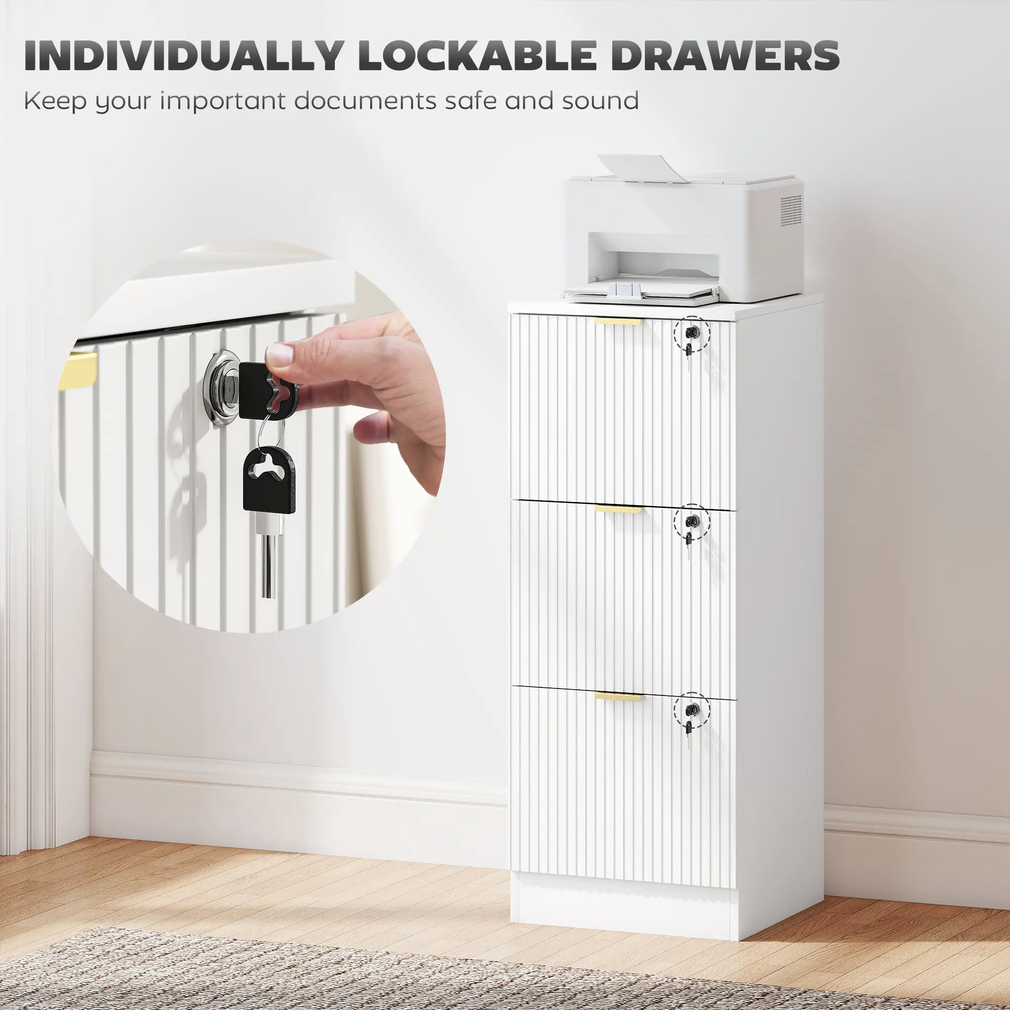Lockable Filing Cabinet, 3 Fluted Drawers, Adjustable Hanging Rails, White - Image 6