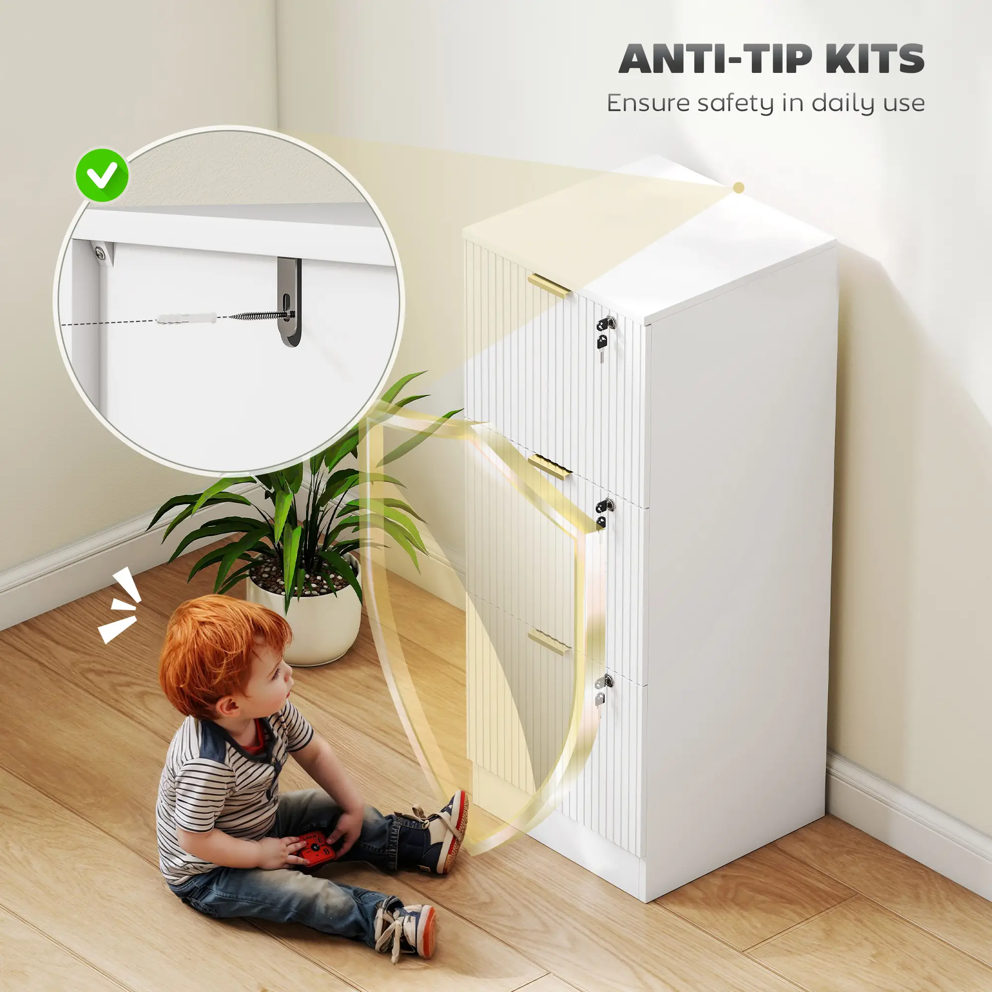 Lockable Filing Cabinet, 3 Fluted Drawers, Adjustable Hanging Rails, White - Image 7