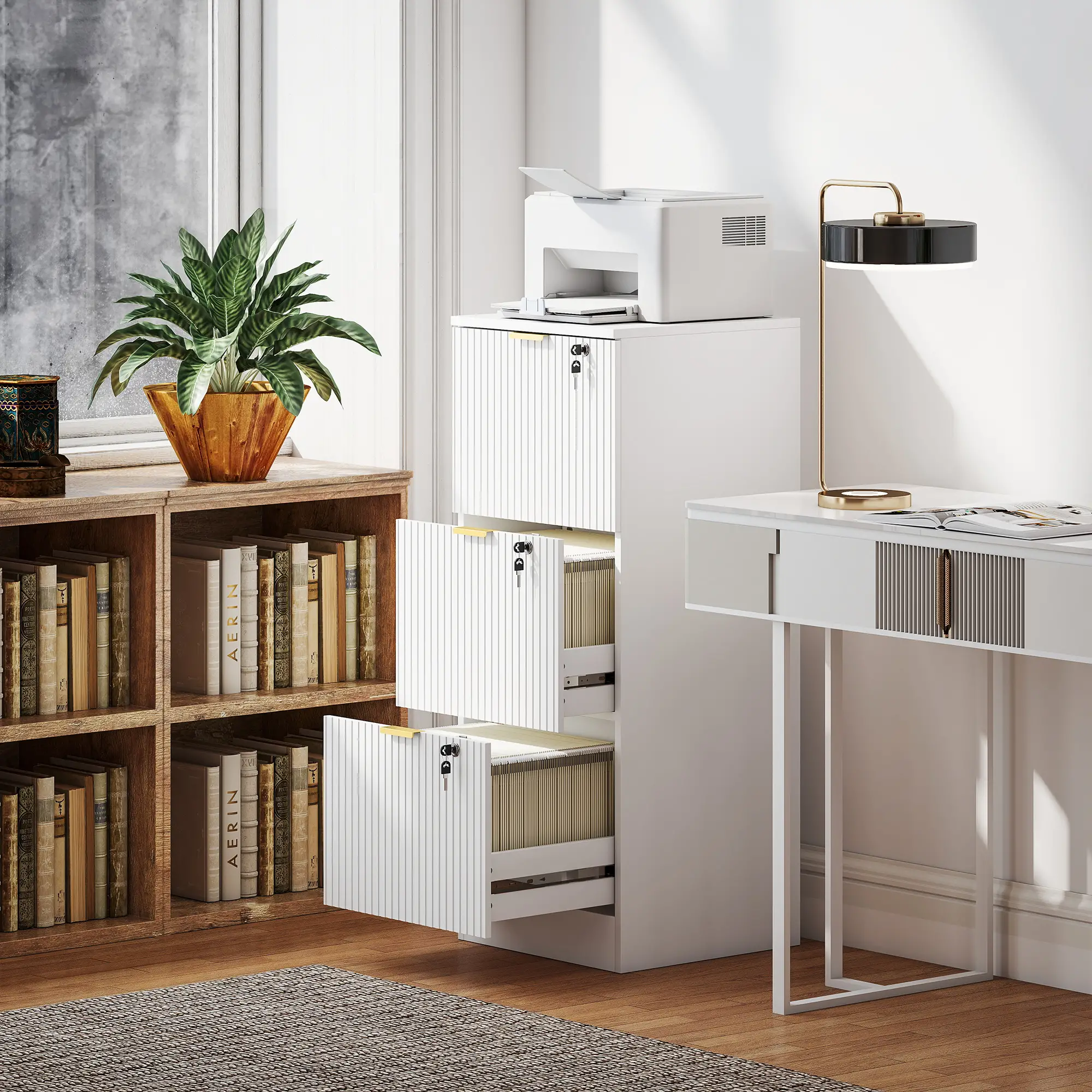 Lockable Filing Cabinet, 3 Fluted Drawers, Adjustable Hanging Rails, White - Image 8
