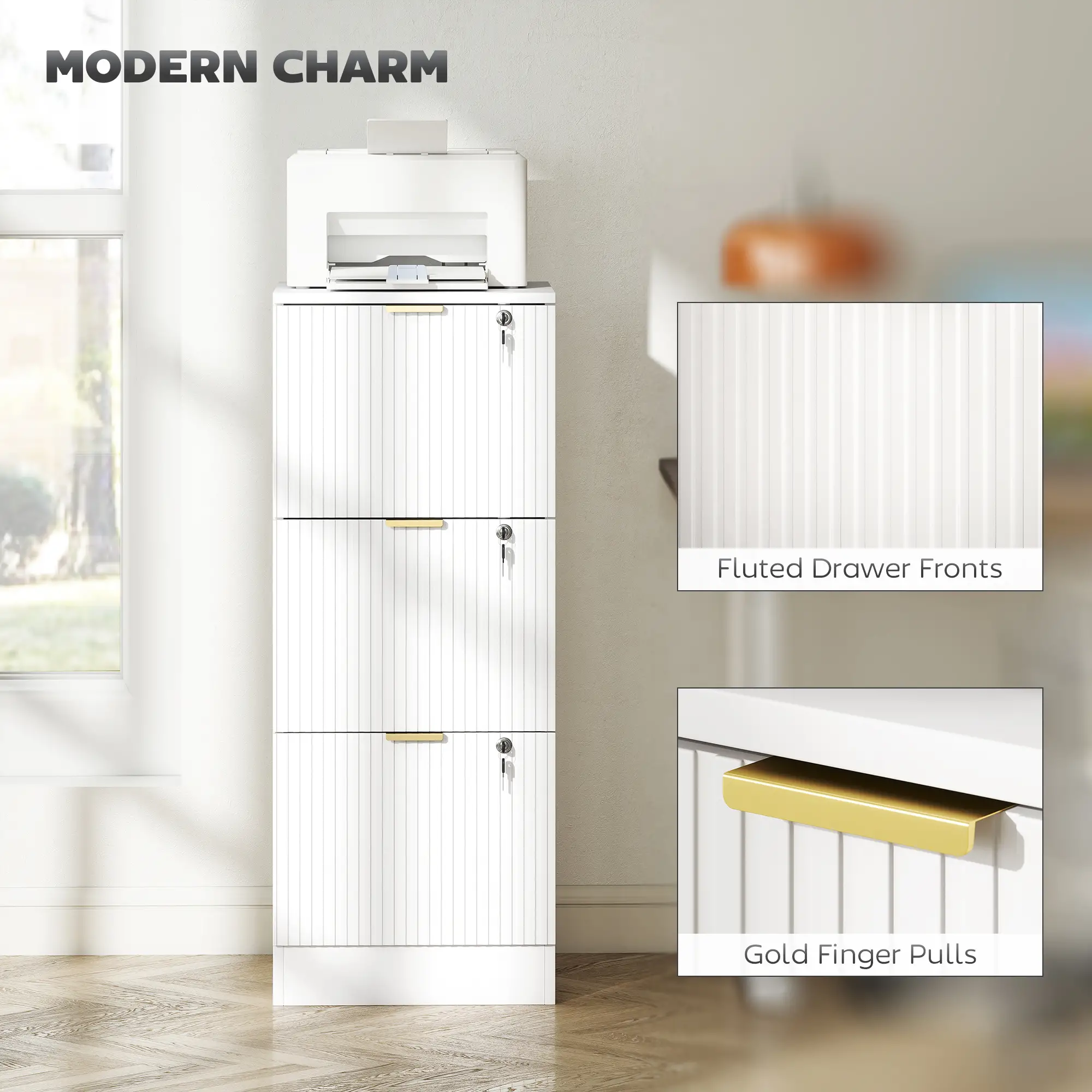 Lockable Filing Cabinet, 3 Fluted Drawers, Adjustable Hanging Rails, White - Image 9