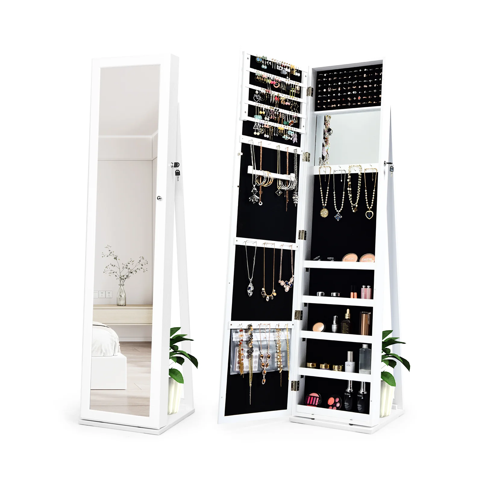 Lockable Freestanding Jewelry Armoire, Full Length Mirror, White - Image 3