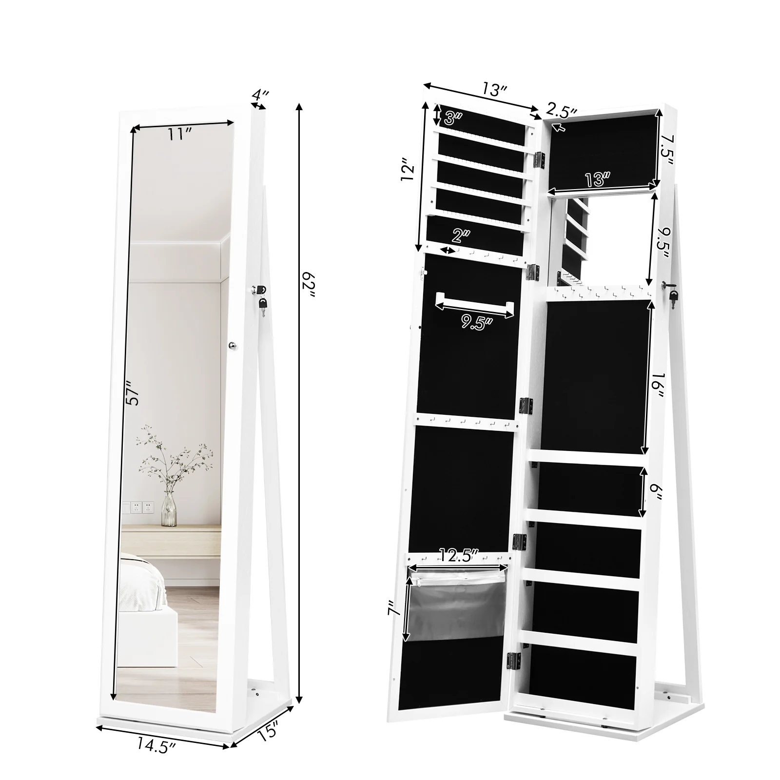 Lockable Freestanding Jewelry Armoire, Full Length Mirror, White - Image 4