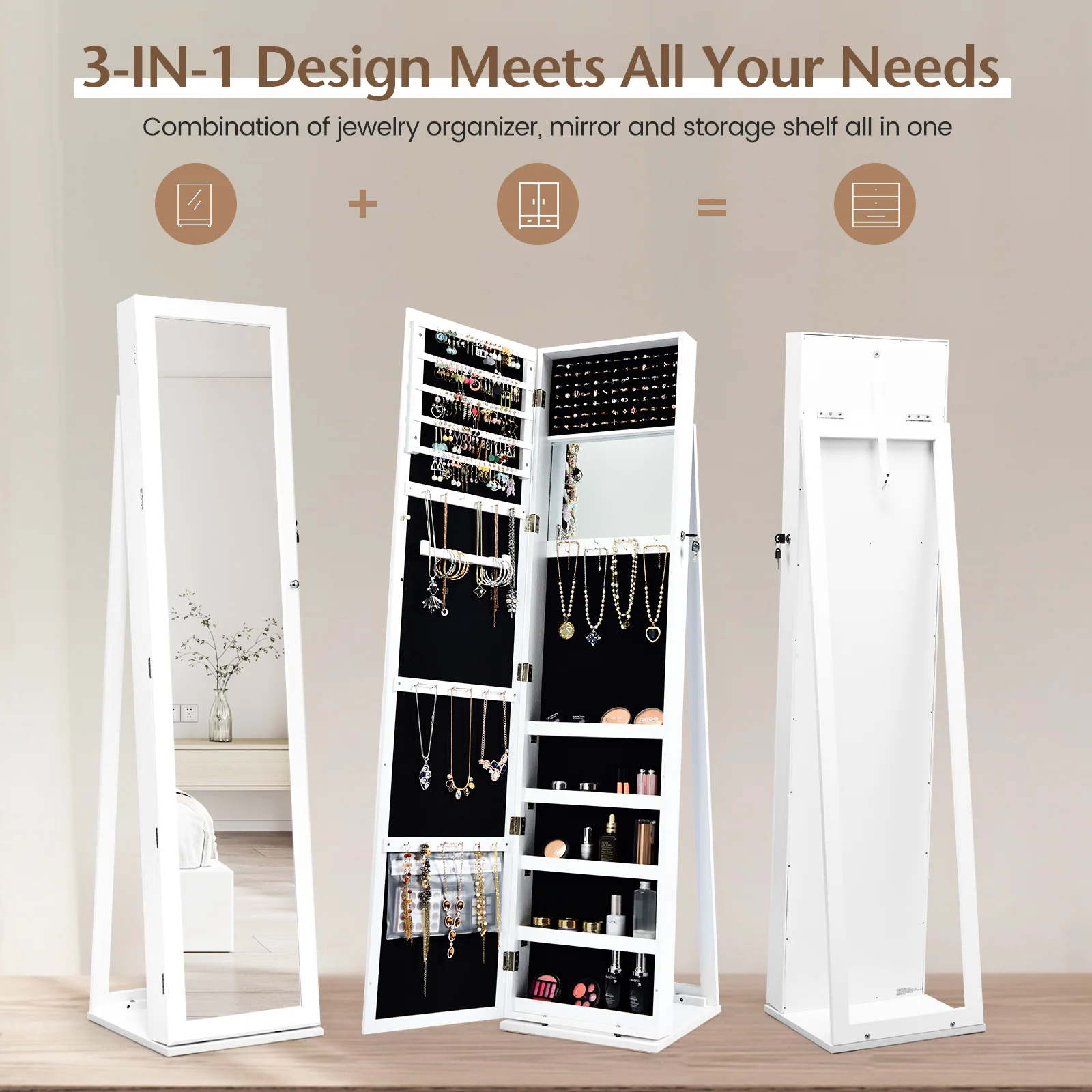 Lockable Freestanding Jewelry Armoire, Full Length Mirror, White - Image 5