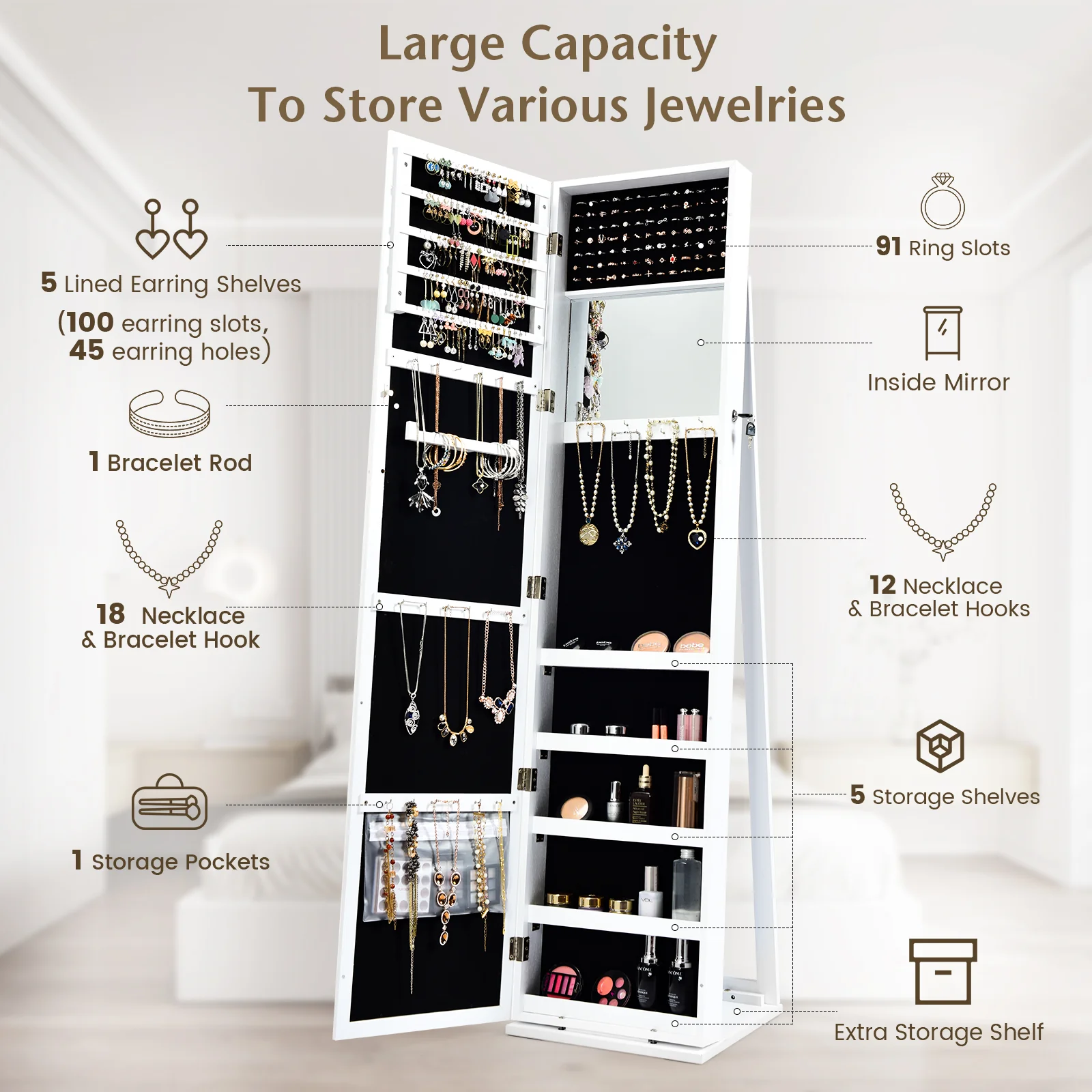 Lockable Freestanding Jewelry Armoire, Full Length Mirror, White - Image 6