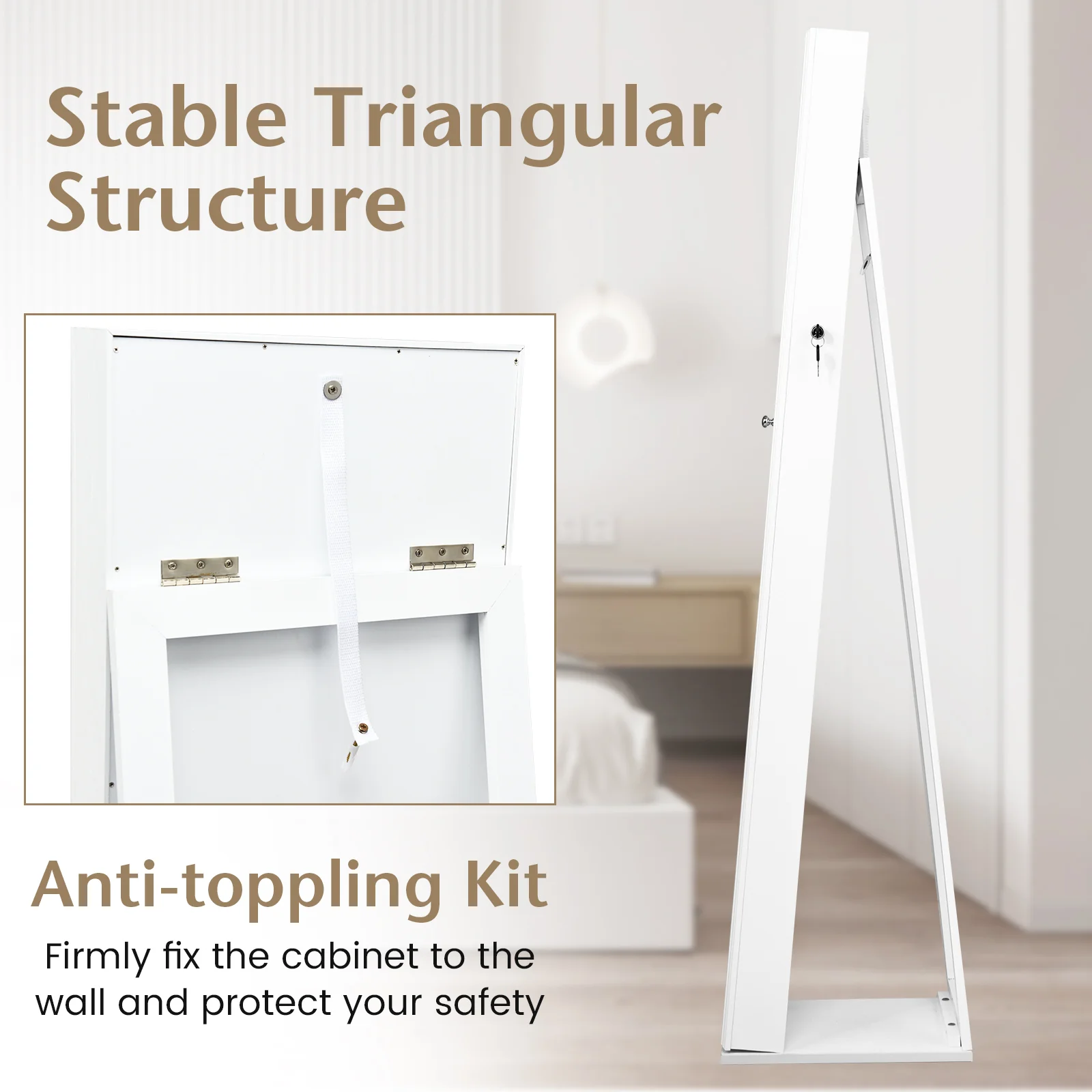 Lockable Freestanding Jewelry Armoire, Full Length Mirror, White - Image 7