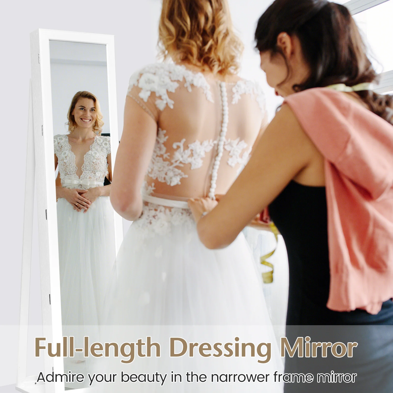 Lockable Freestanding Jewelry Armoire, Full Length Mirror, White - Image 8