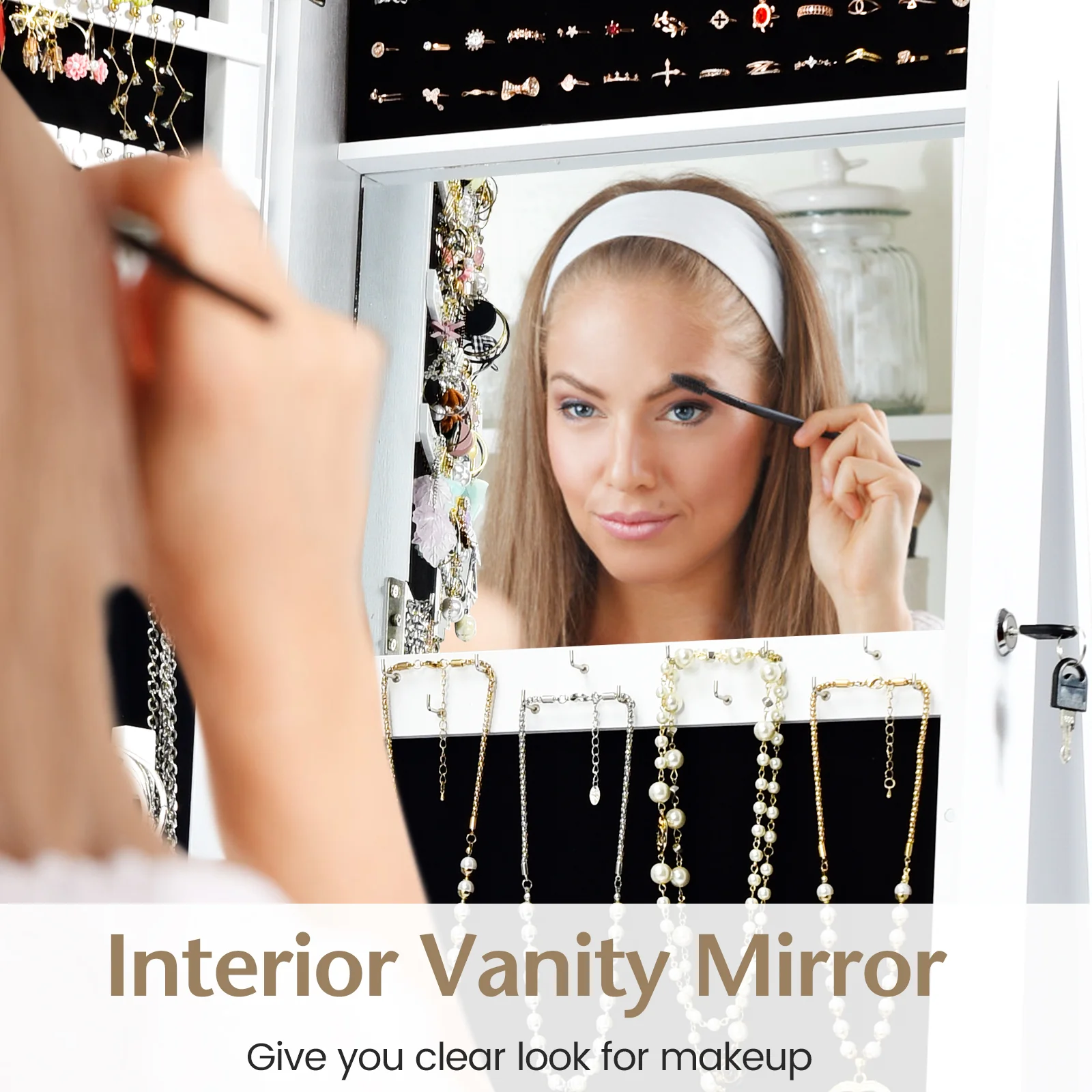 Lockable Freestanding Jewelry Armoire, Full Length Mirror, White - Image 9