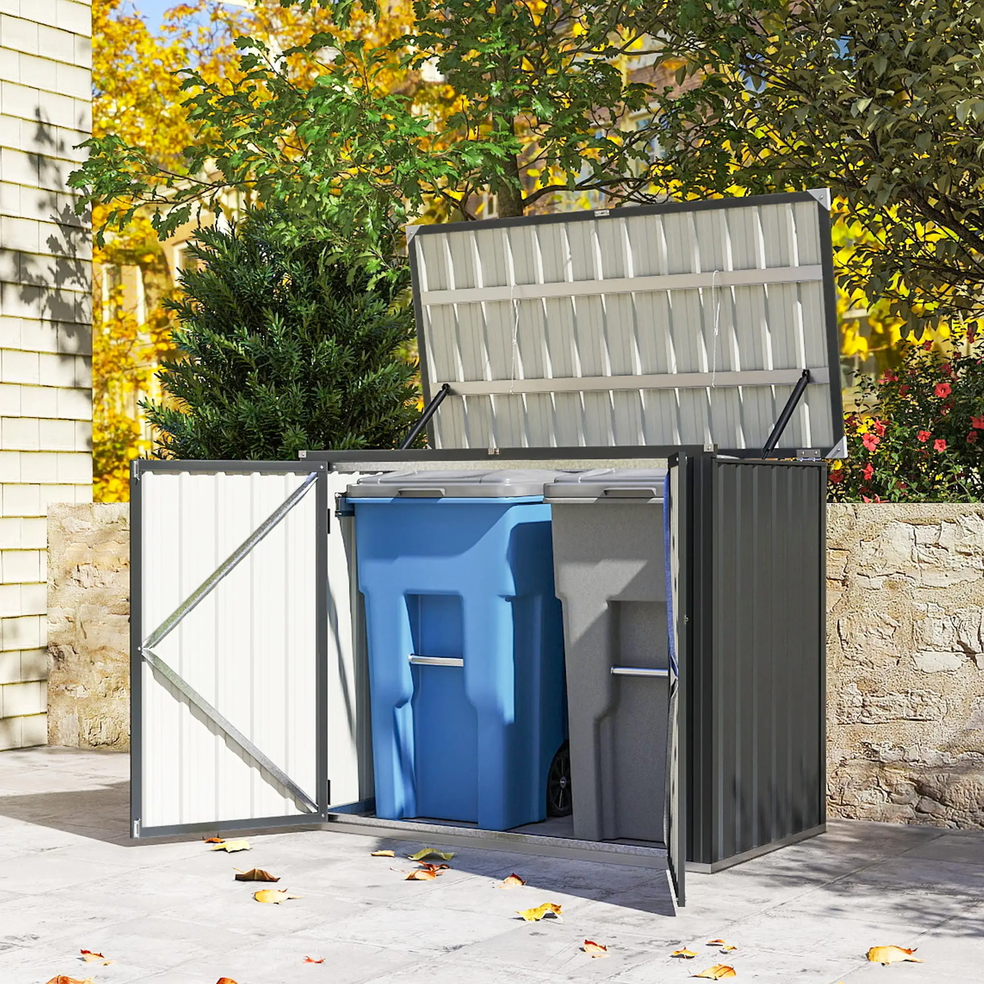 Lockable Galvanized Steel Garbage Bin Shed, Outdoor Storage, Lift-Up Lid - Image 10