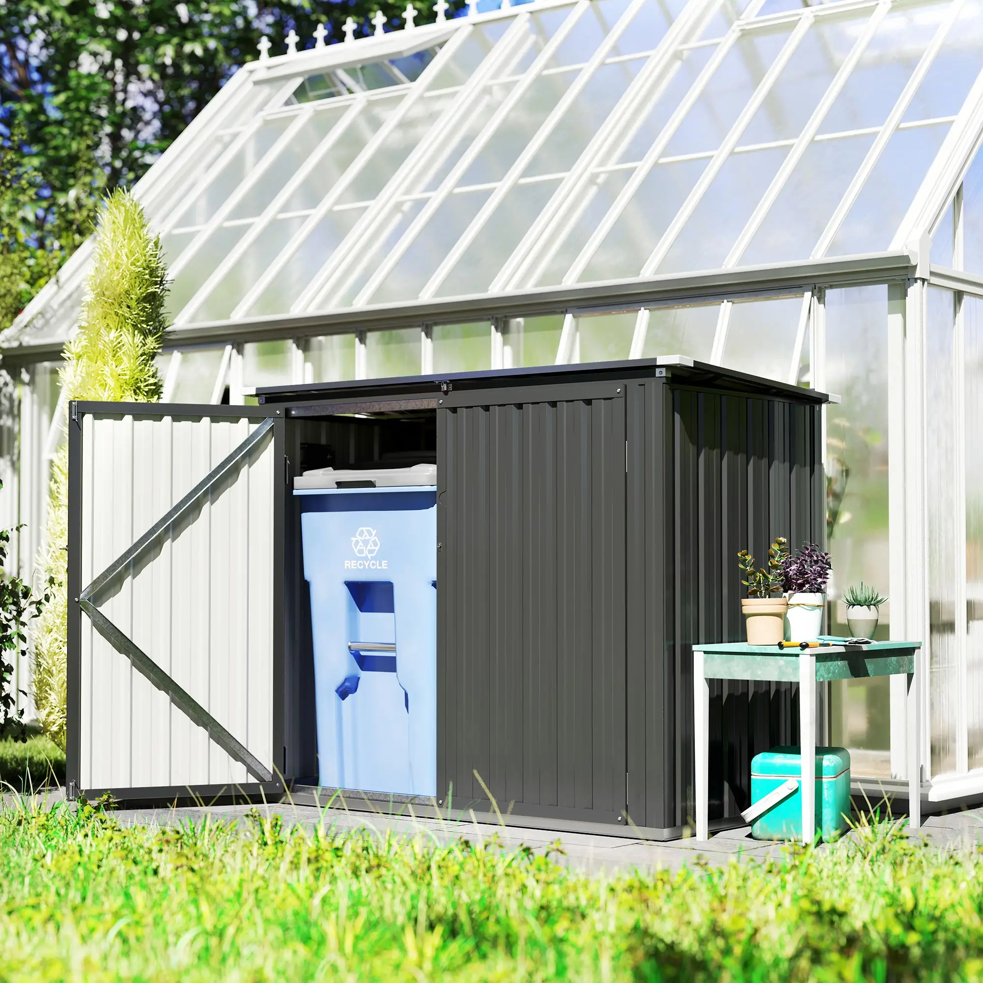Lockable Galvanized Steel Garbage Bin Shed, Outdoor Storage, Lift-Up Lid - Image 2