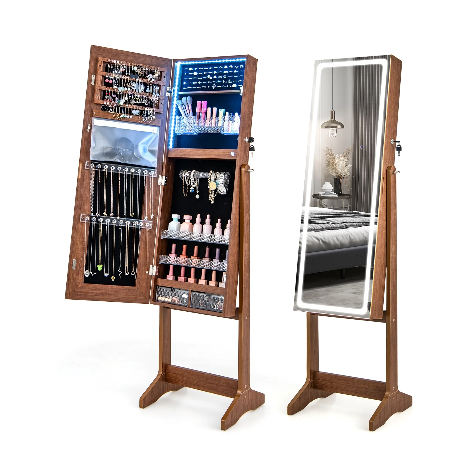 Lockable Jewelry Armoire, Walnut, With Lighted Full-Length Mirror
