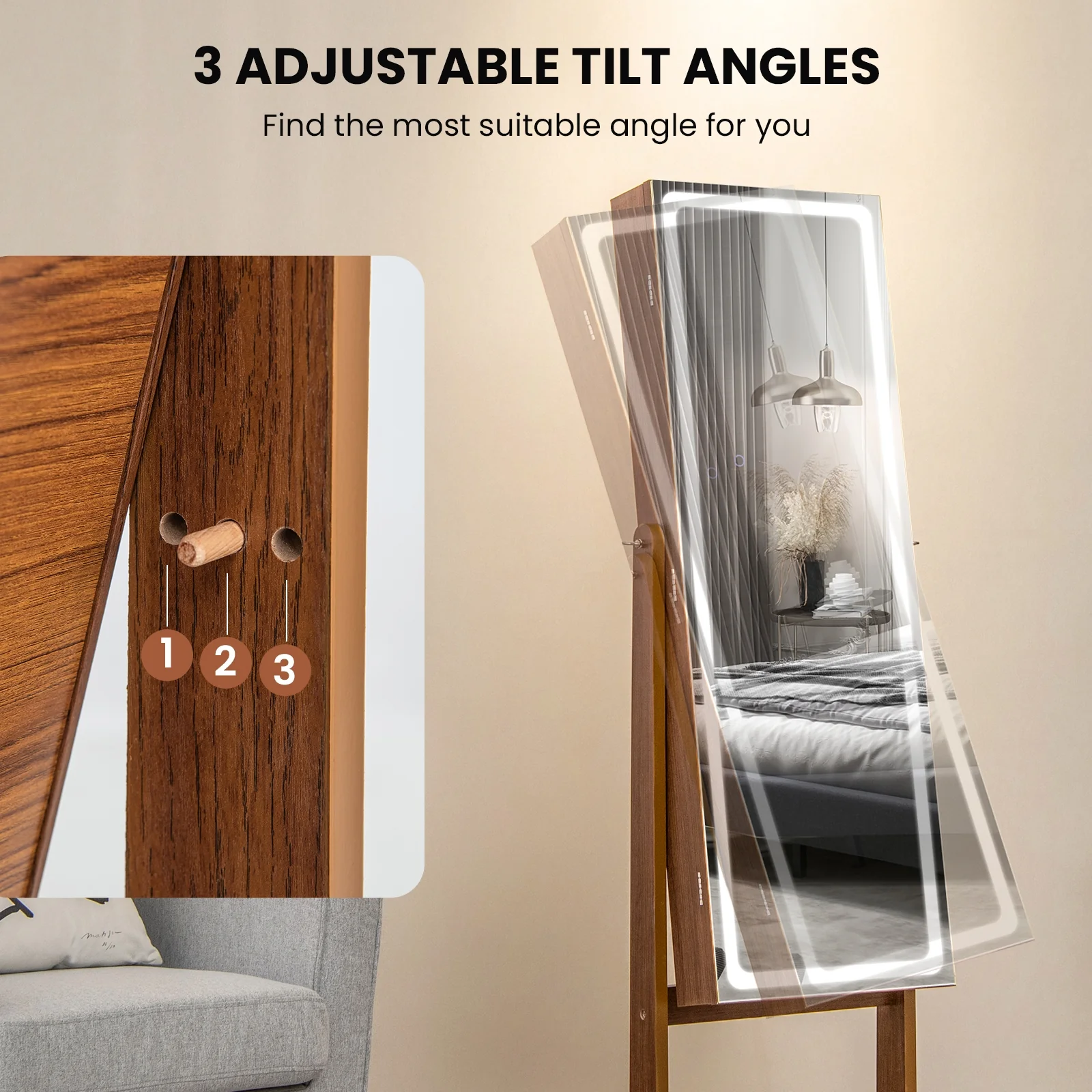 Lockable Jewelry Armoire, Walnut, With Lighted Full-Length Mirror - Image 10