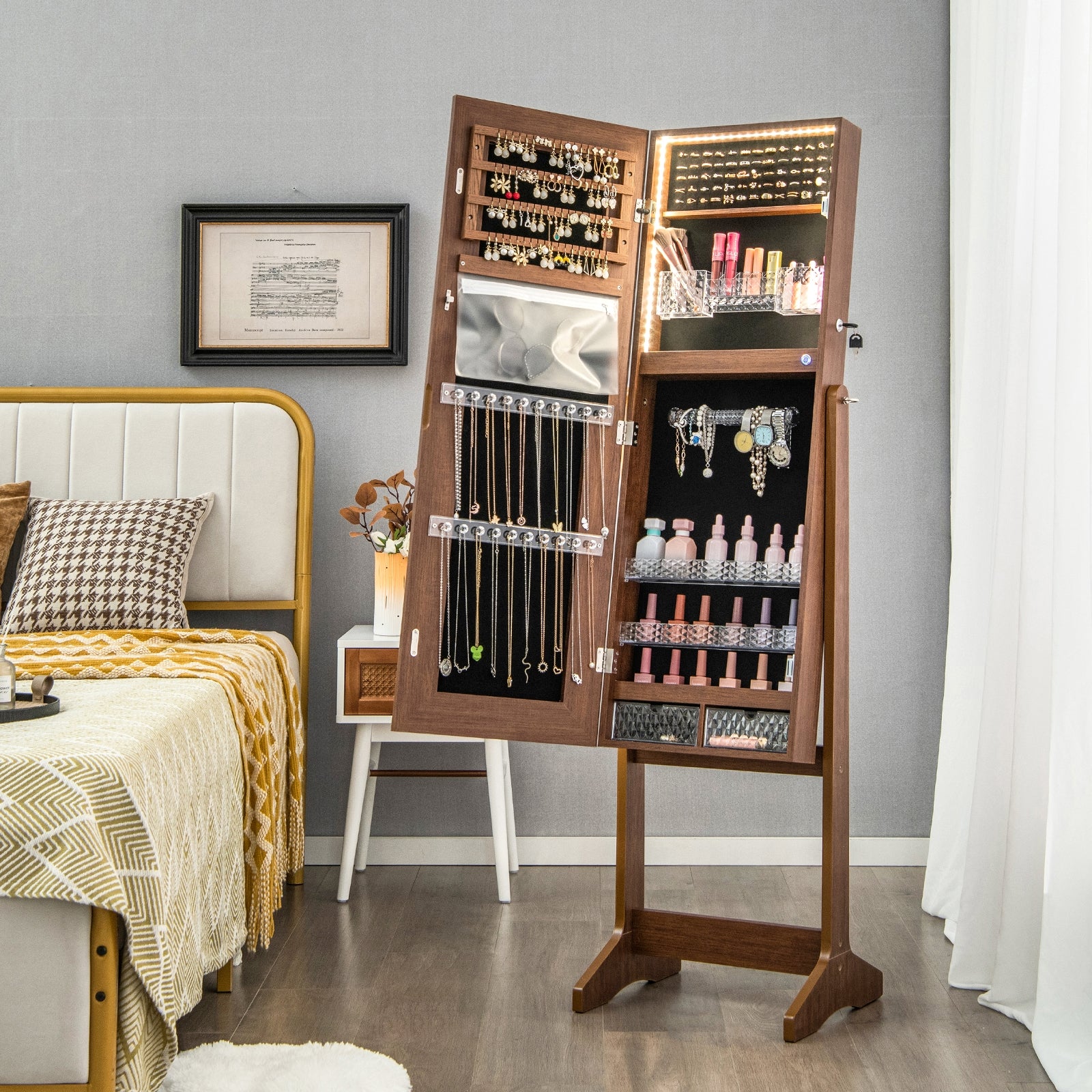 Lockable Jewelry Armoire, Walnut, With Lighted Full-Length Mirror - Image 2
