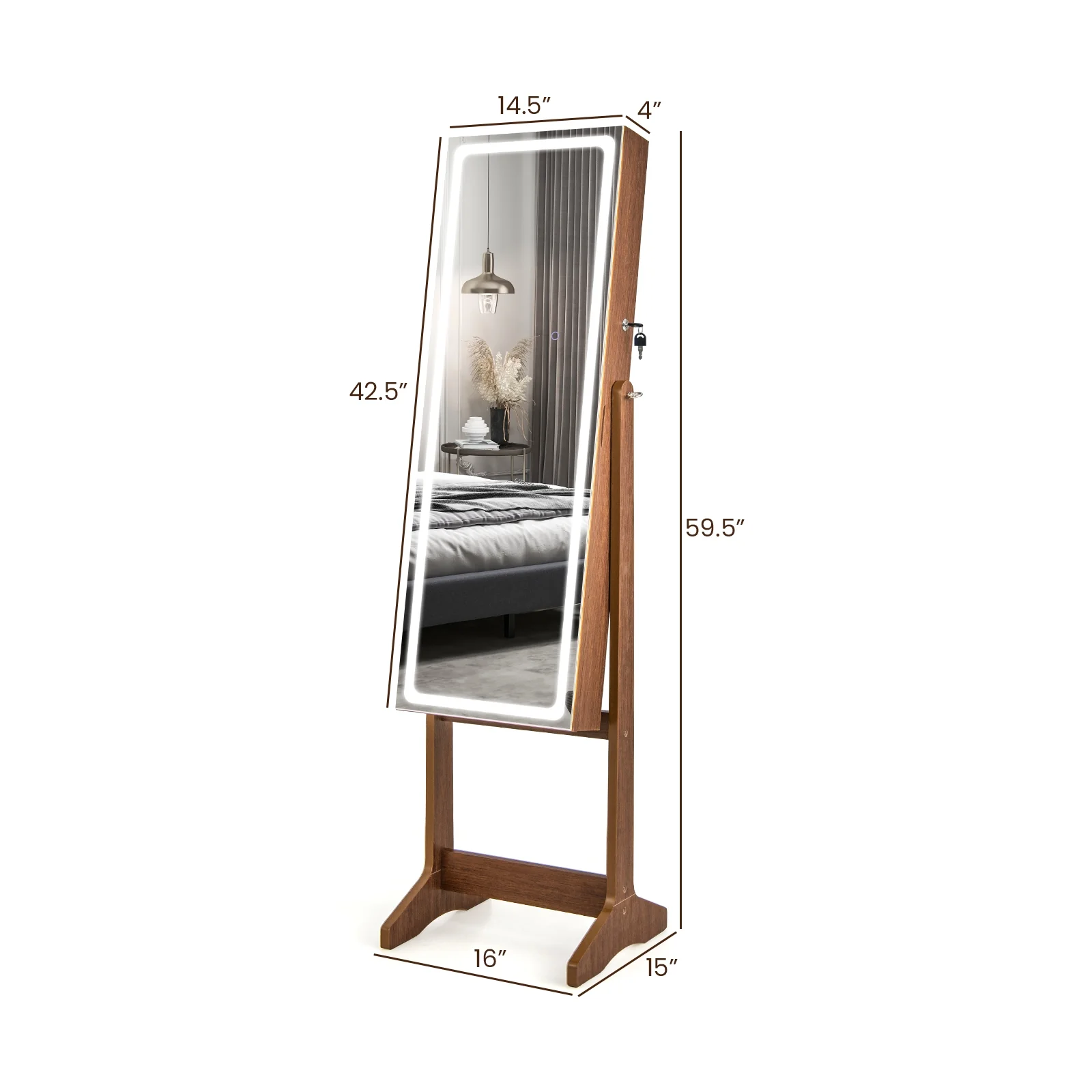 Lockable Jewelry Armoire, Walnut, With Lighted Full-Length Mirror - Image 5