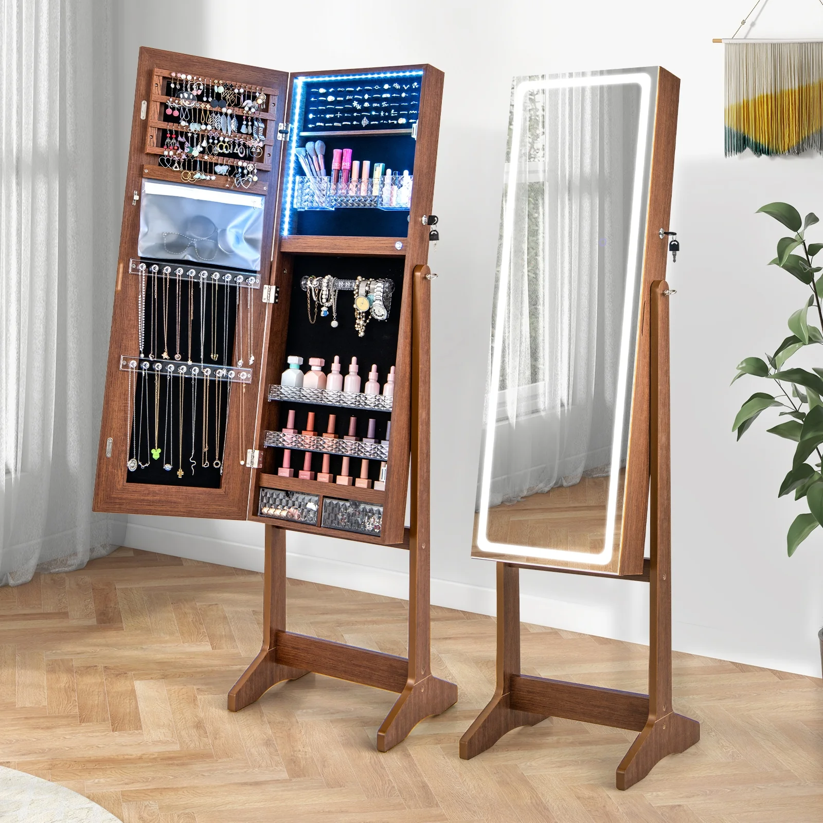 Lockable Jewelry Armoire, Walnut, With Lighted Full-Length Mirror - Image 6