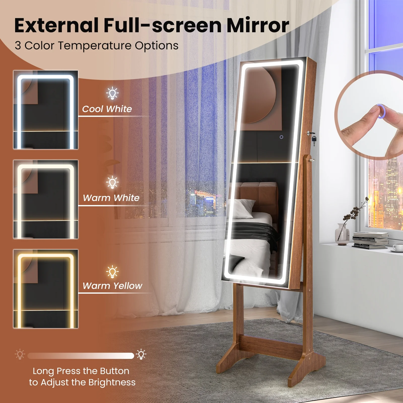 Lockable Jewelry Armoire, Walnut, With Lighted Full-Length Mirror - Image 8