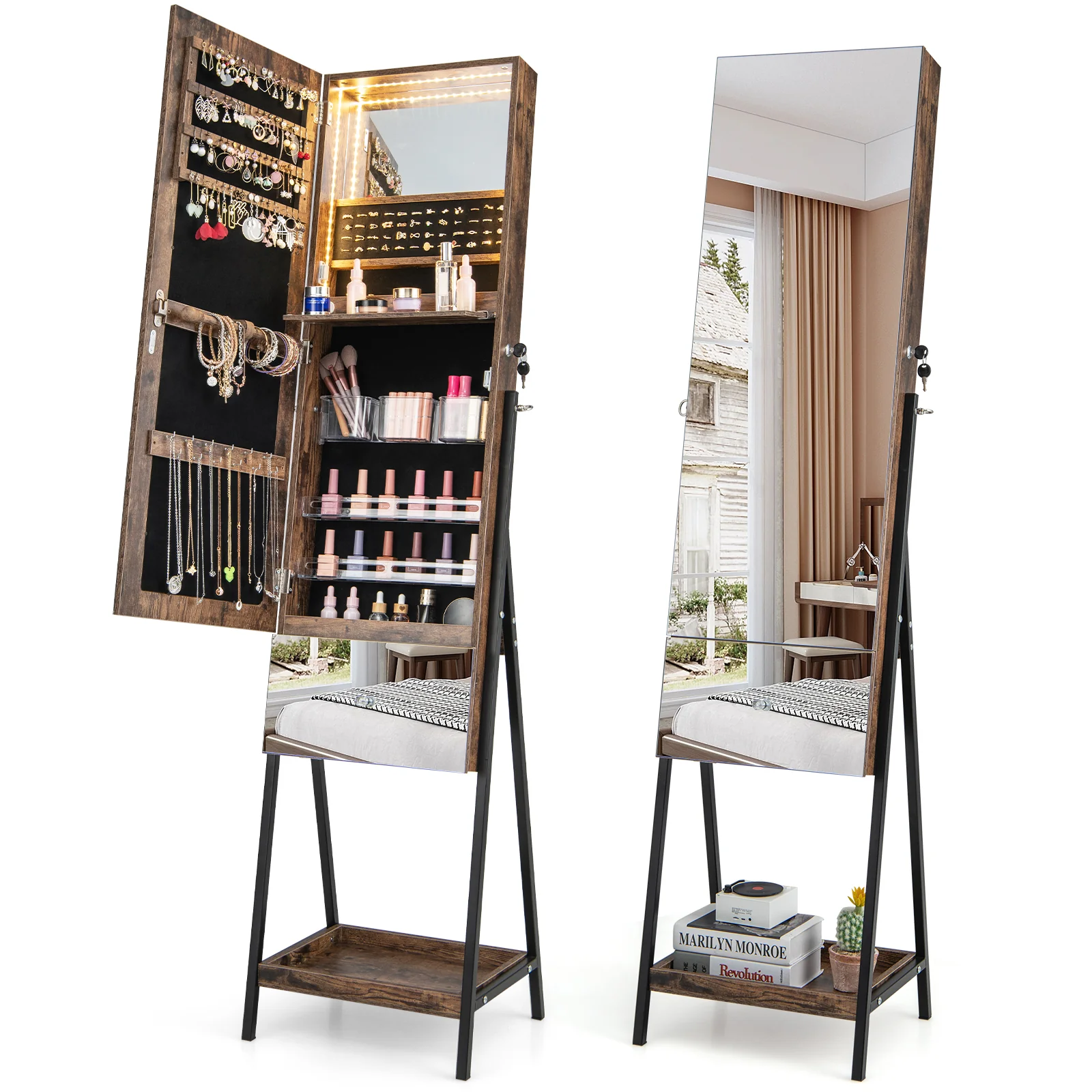 Lockable Jewelry Organizer, Full-Length Frameless Mirror, Rustic Brown - Image 4