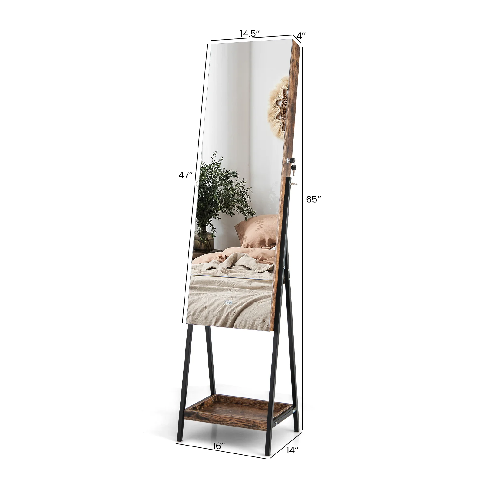 Lockable Jewelry Organizer, Full-Length Frameless Mirror, Rustic Brown - Image 5