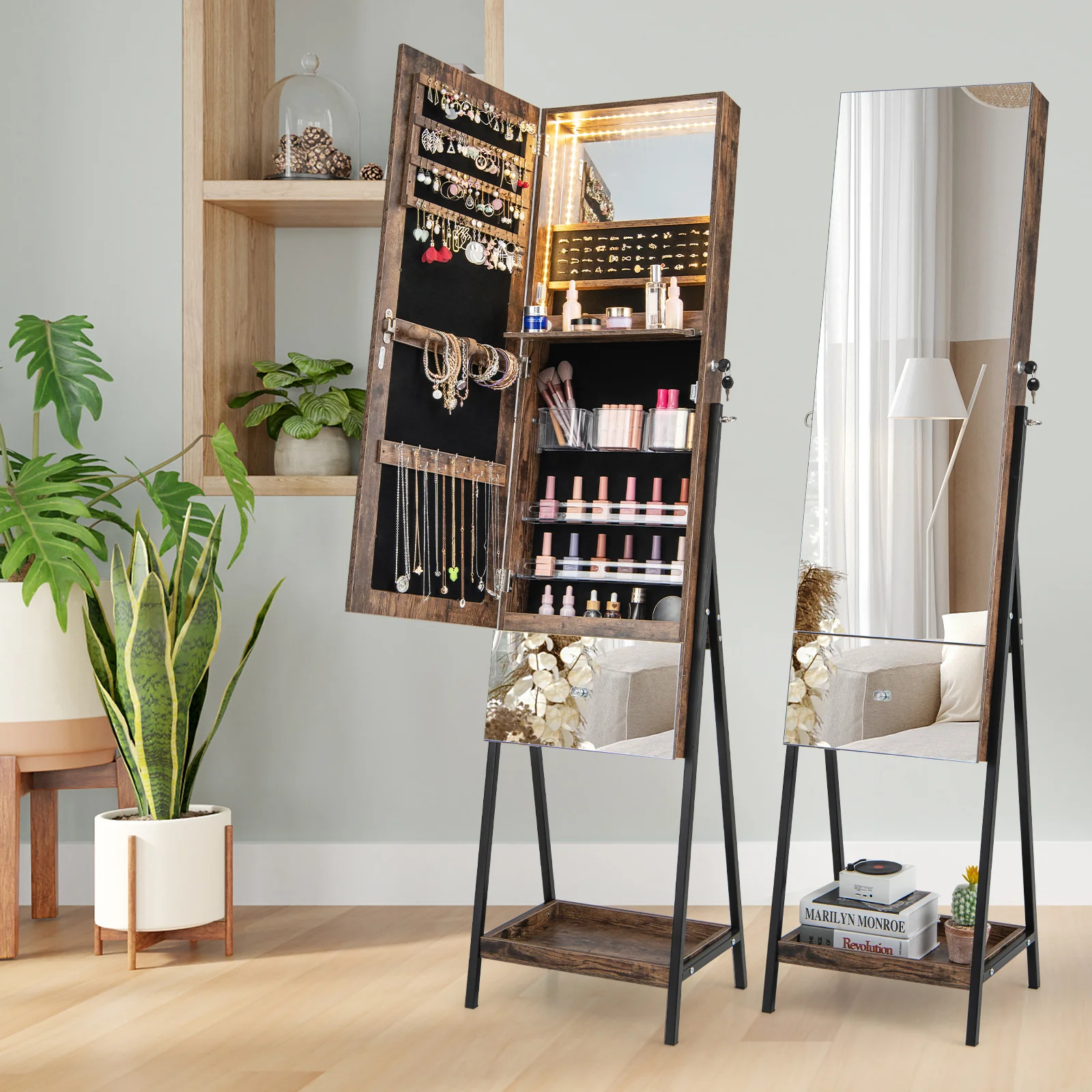 Lockable Jewelry Organizer, Full-Length Frameless Mirror, Rustic Brown - Image 6