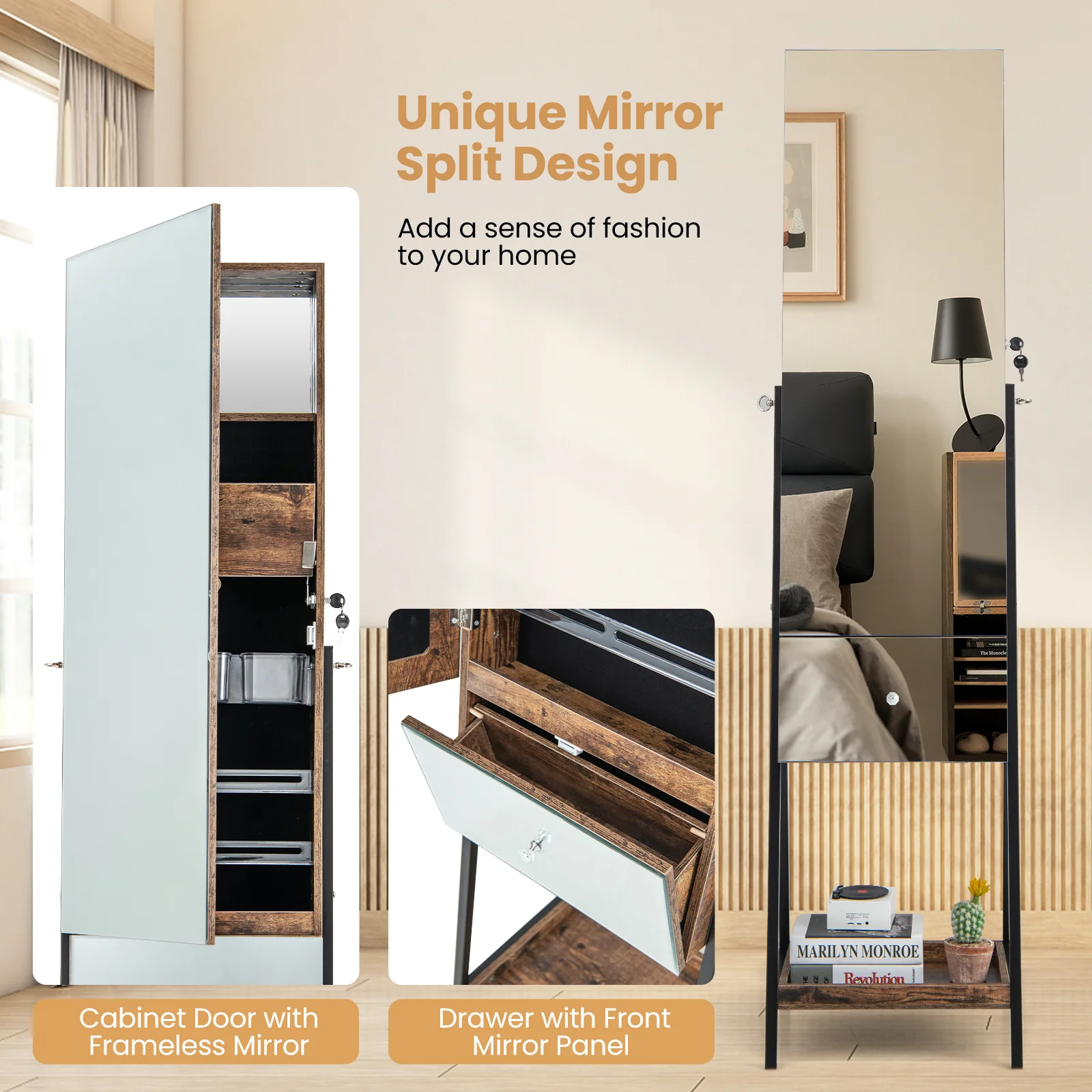 Lockable Jewelry Organizer, Full-Length Frameless Mirror, Rustic Brown - Image 8