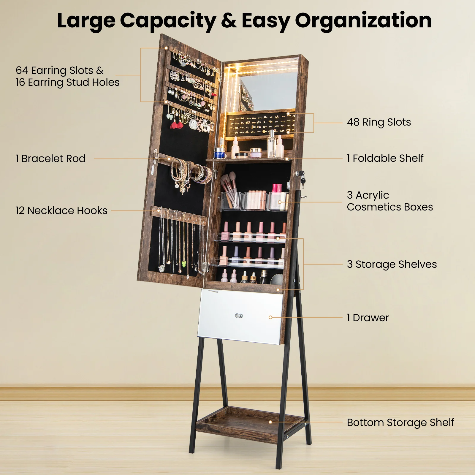 Lockable Jewelry Organizer, Full-Length Frameless Mirror, Rustic Brown - Image 9
