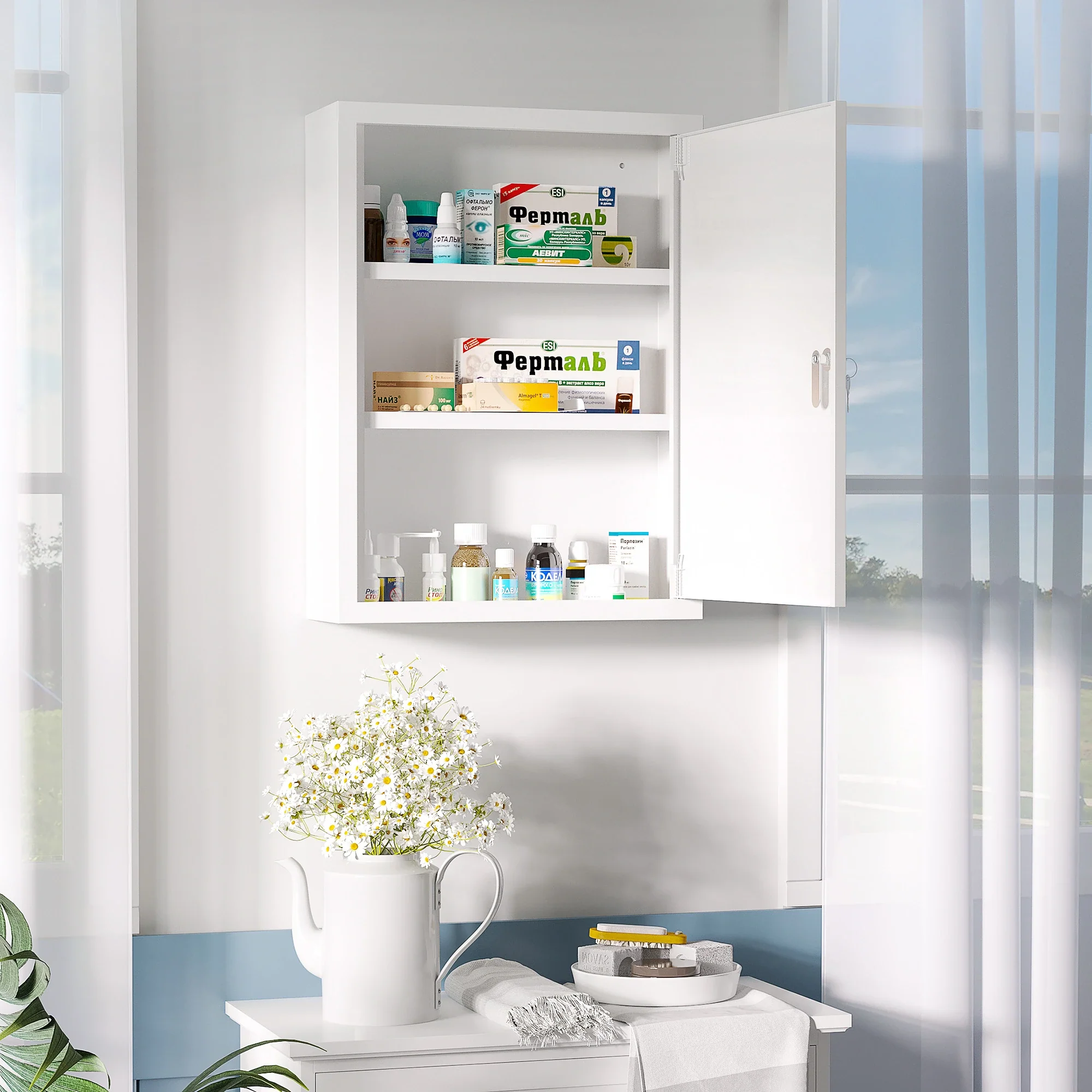 Lockable Medicine Cabinet, 3 Tier Steel Wall Box, 2 Keys, Shelves, White - Image 2