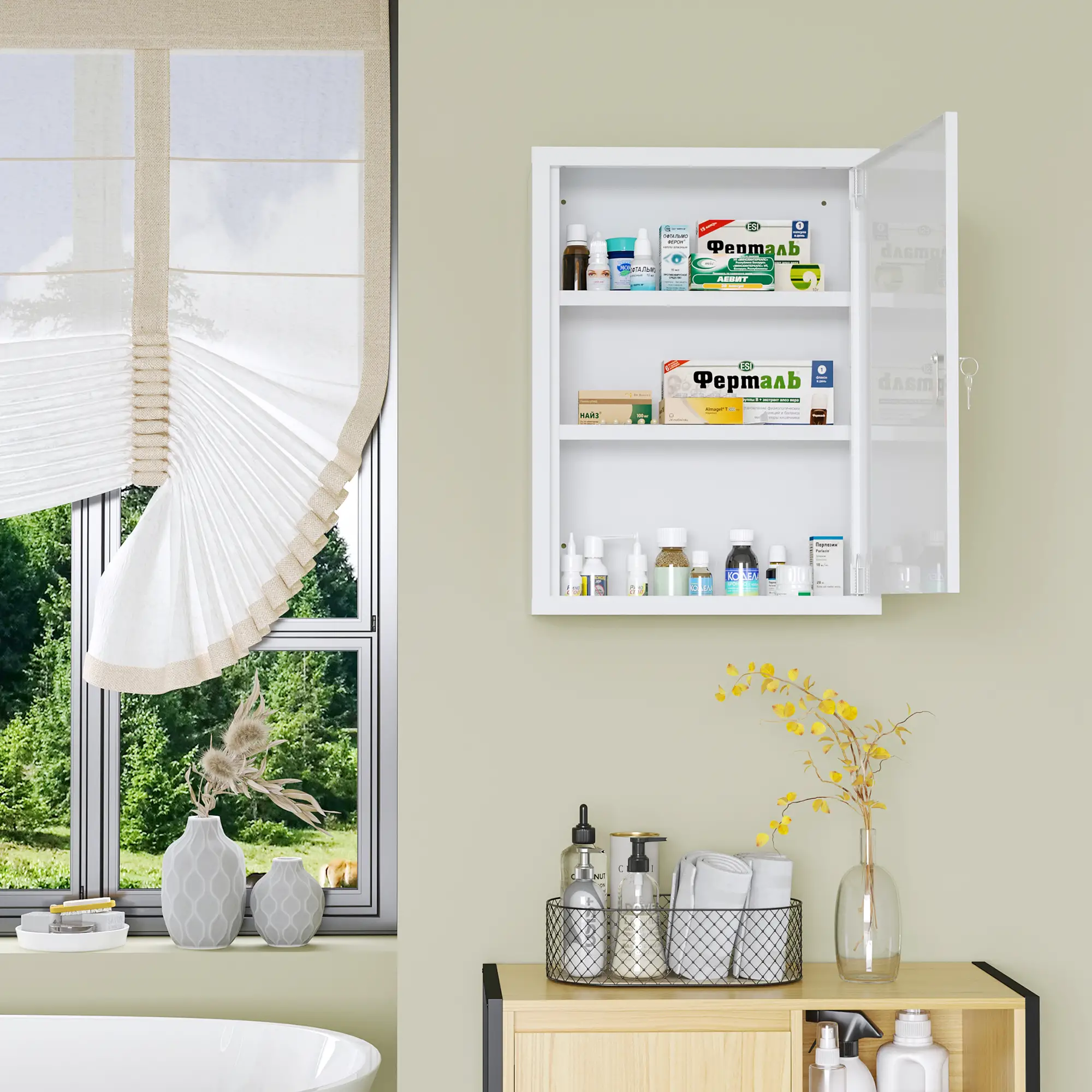 Lockable Medicine Cabinet, 3 Tier Steel Wall Box, 2 Keys, Shelves, White - Image 8
