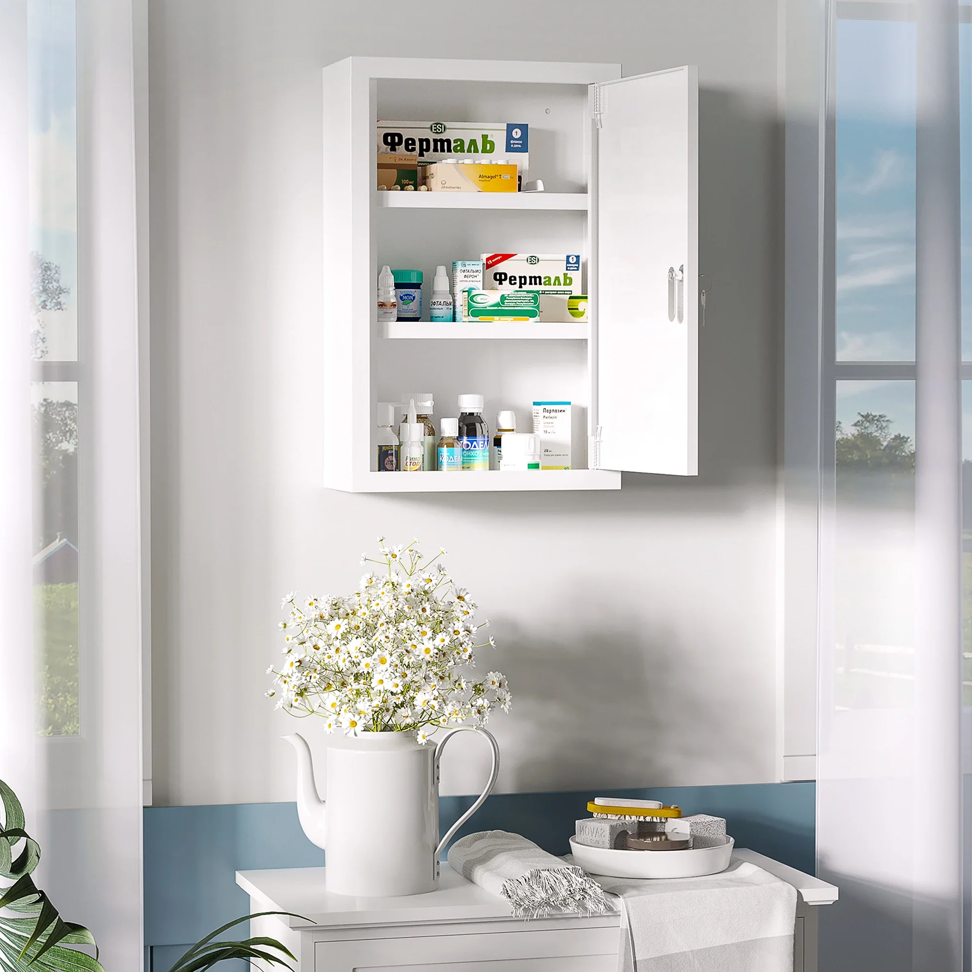 Lockable Medicine Cabinet, 3 Tier Steel Wall Box, 2 Keys, White - Image 2