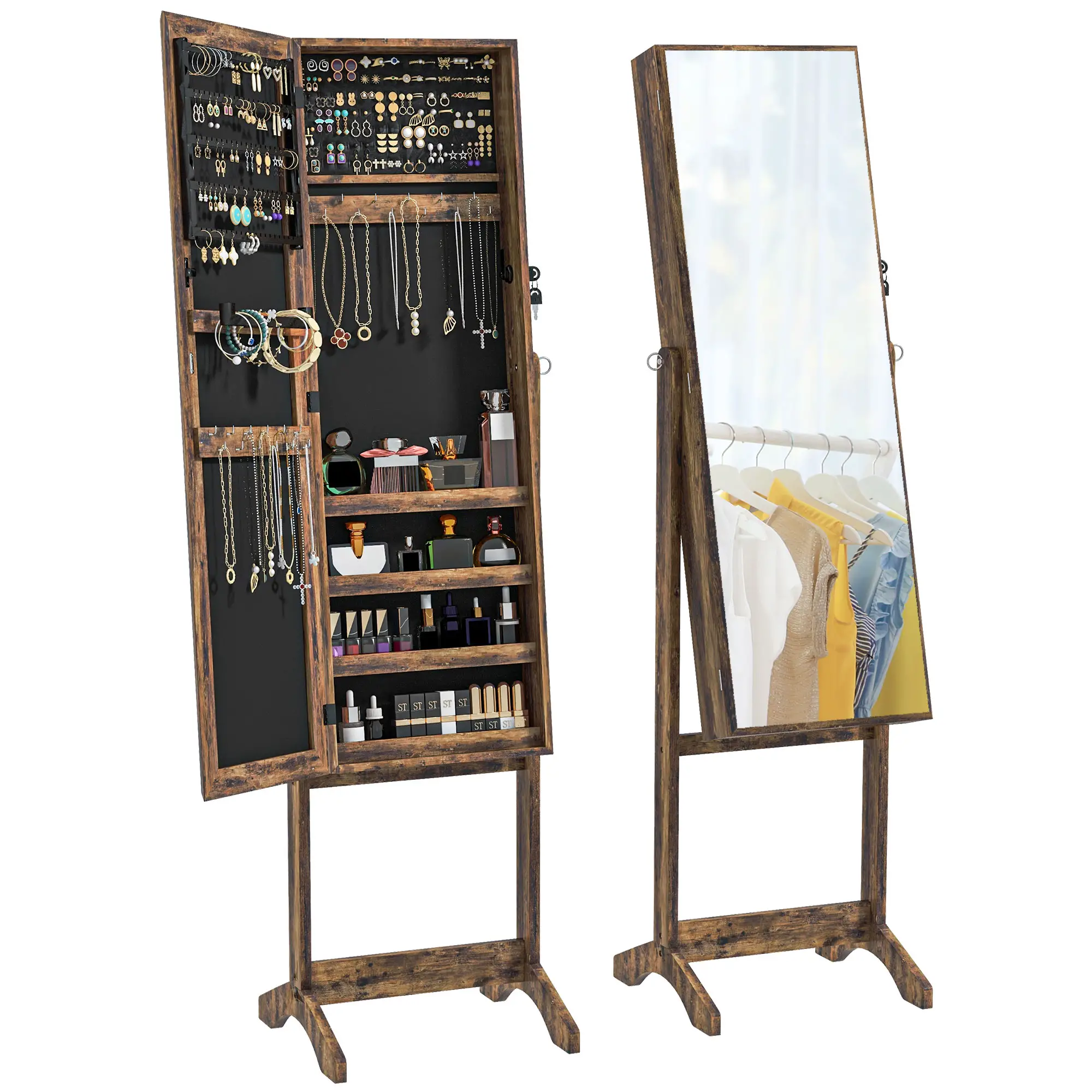 Lockable Mirror Jewelry Cabinet, Full-Length, 3 Adjustable Angles, Rustic Brown