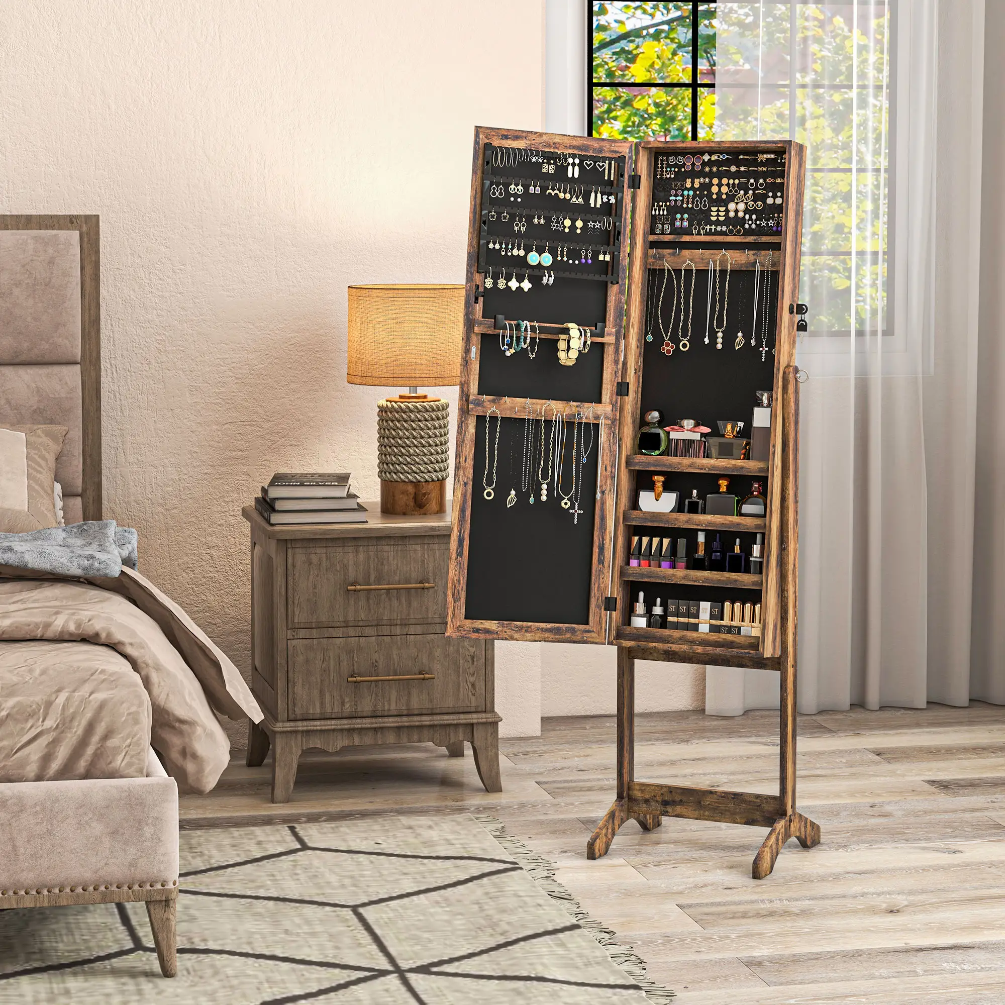 Lockable Mirror Jewelry Cabinet, Full-Length, 3 Adjustable Angles, Rustic Brown - Image 10