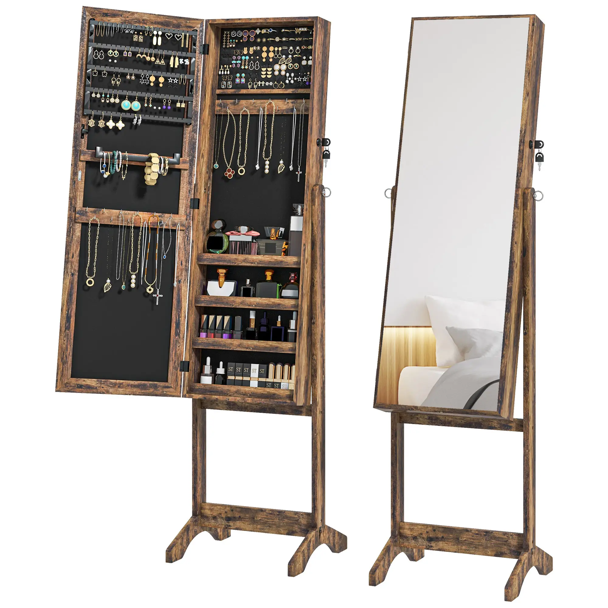 Lockable Mirror Jewelry Cabinet, Full-Length, 3 Adjustable Angles, Rustic Brown - Image 11