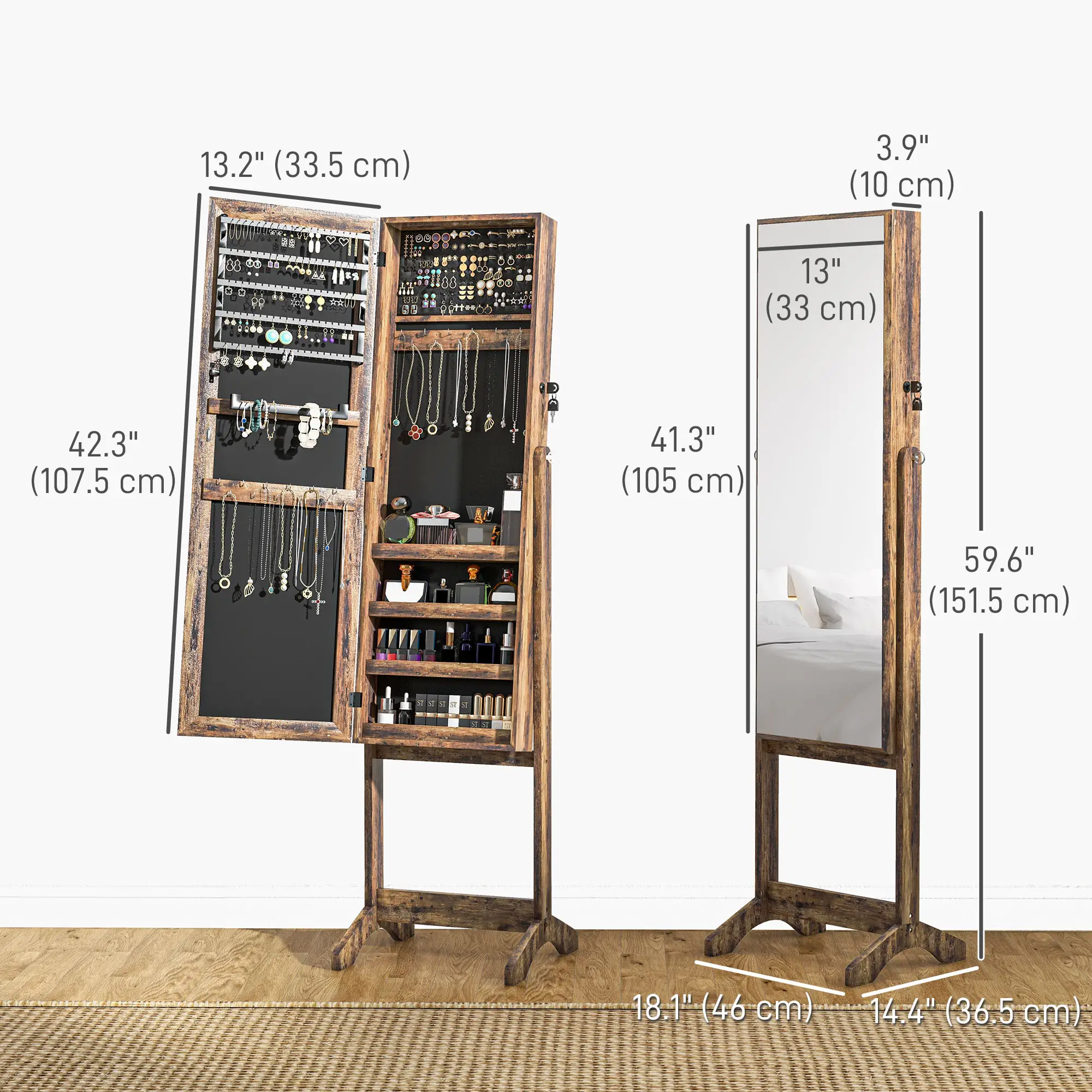 Lockable Mirror Jewelry Cabinet, Full-Length, 3 Adjustable Angles, Rustic Brown - Image 3