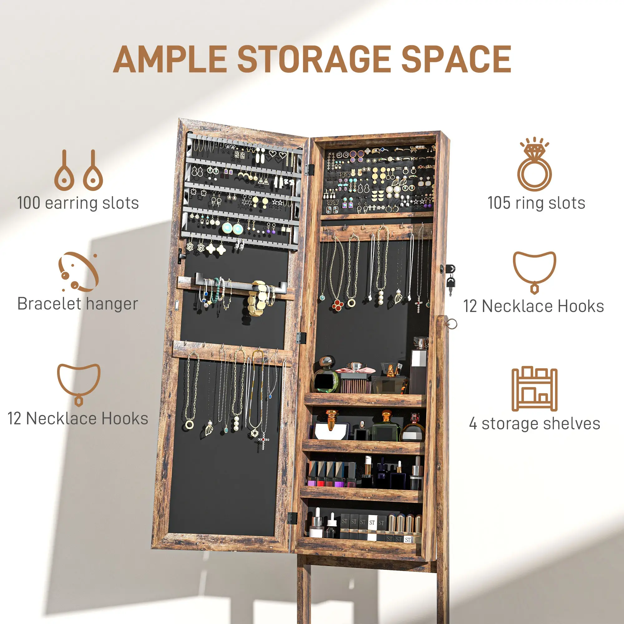 Lockable Mirror Jewelry Cabinet, Full-Length, 3 Adjustable Angles, Rustic Brown - Image 4