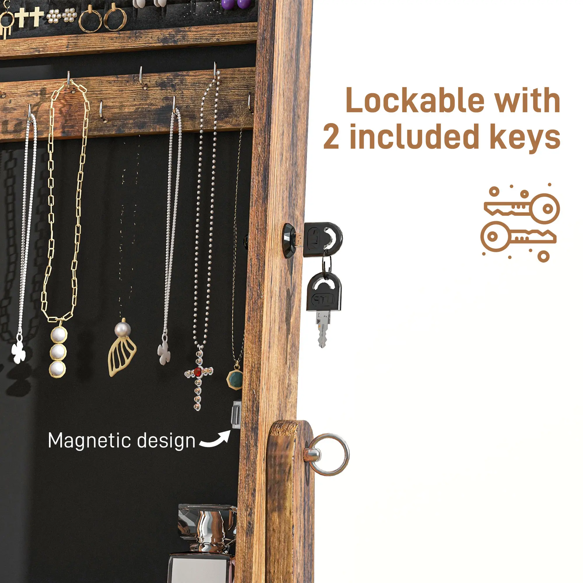 Lockable Mirror Jewelry Cabinet, Full-Length, 3 Adjustable Angles, Rustic Brown - Image 6