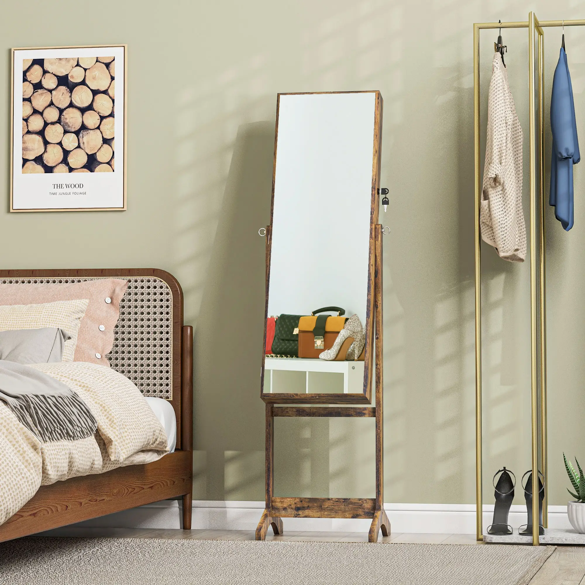 Lockable Mirror Jewelry Cabinet, Full-Length, 3 Adjustable Angles, Rustic Brown - Image 7