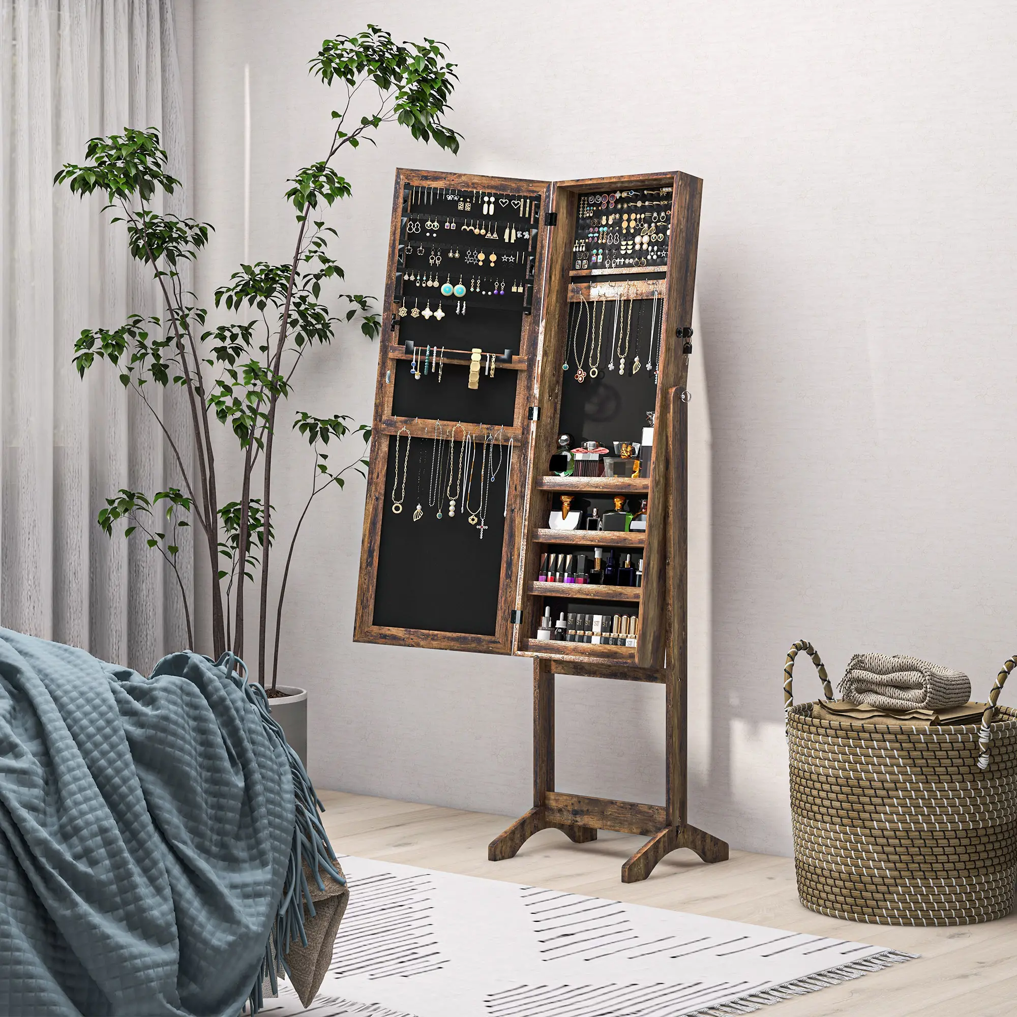 Lockable Mirror Jewelry Cabinet, Full-Length, 3 Adjustable Angles, Rustic Brown - Image 8