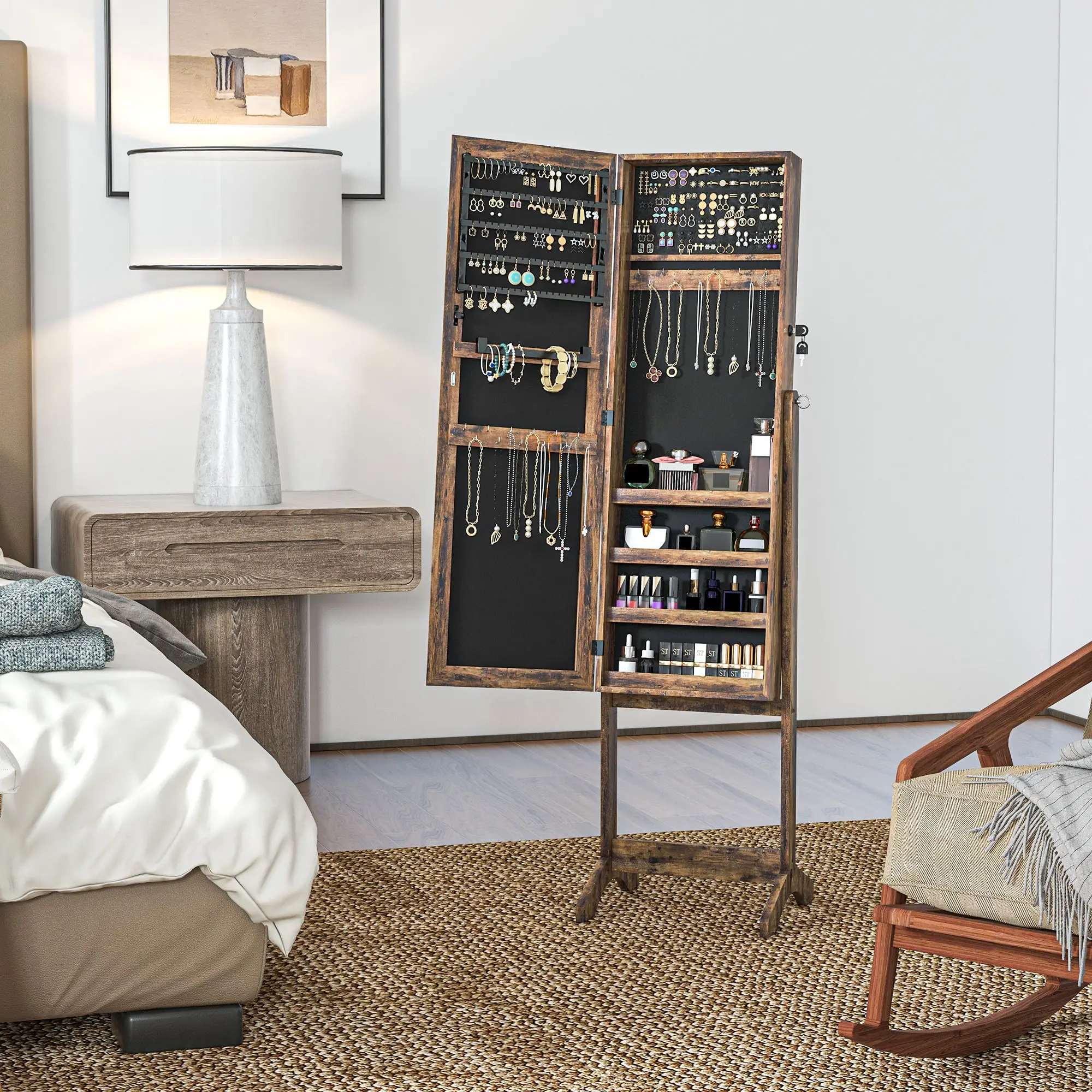 Lockable Mirror Jewelry Cabinet, Full-Length, 3 Adjustable Angles, Rustic Brown - Image 9
