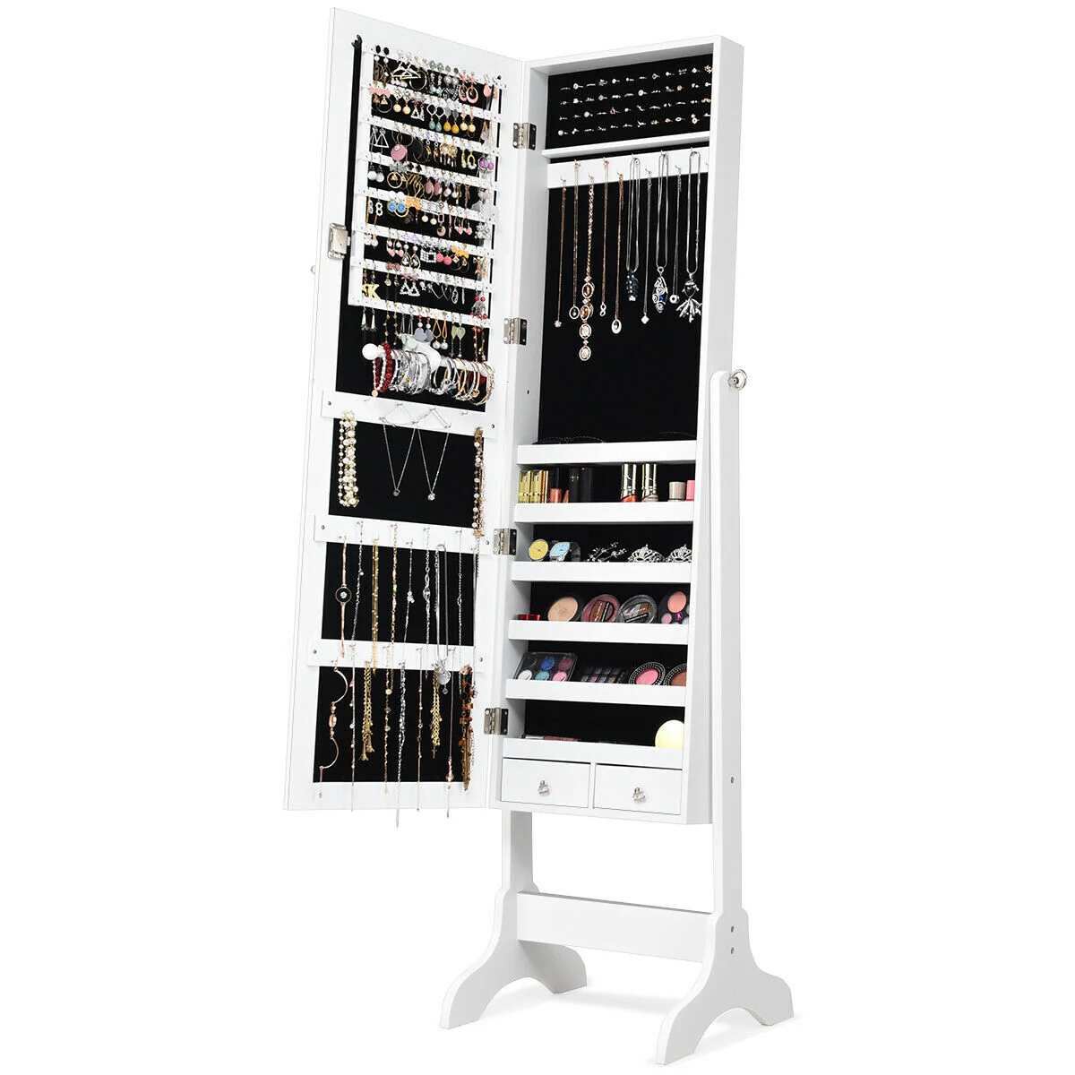 Lockable Mirrored Jewelry Cabinet Armoire, White - Image 10