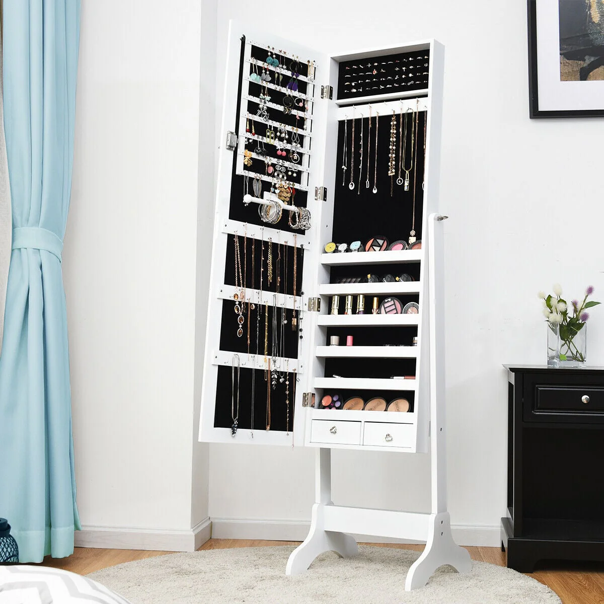 Lockable Mirrored Jewelry Cabinet Armoire, White - Image 2